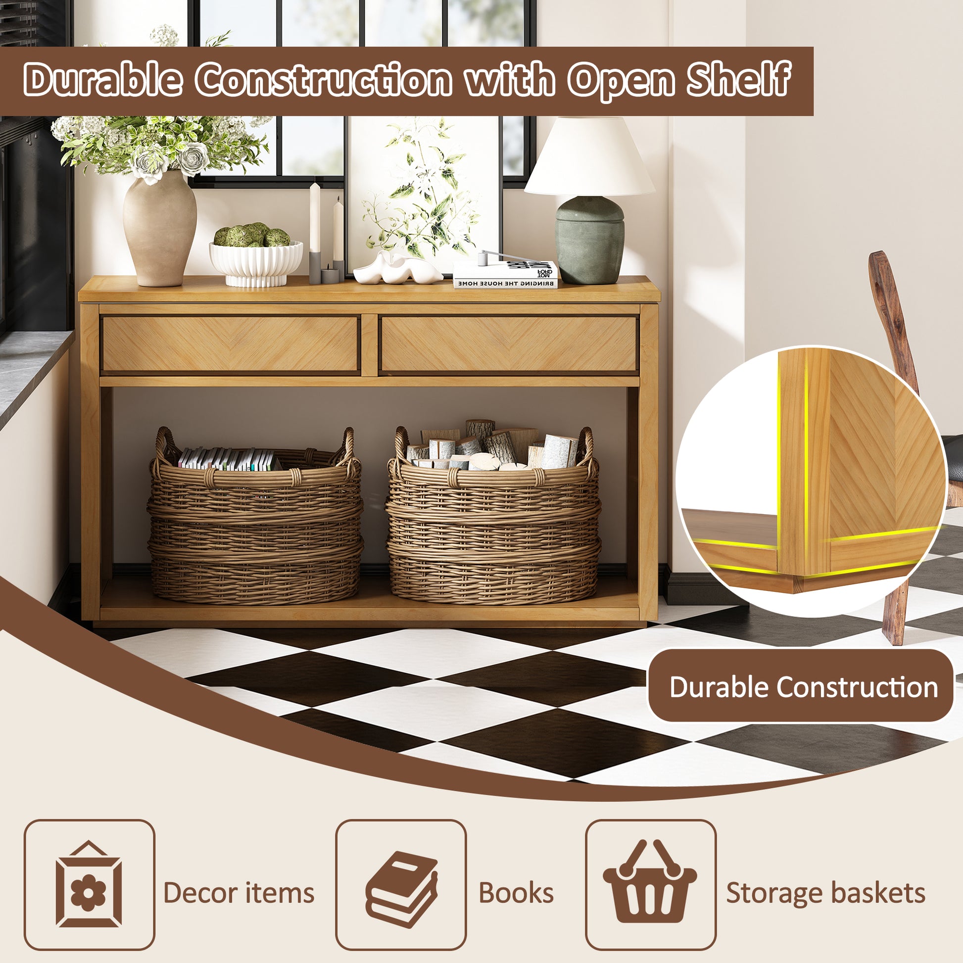 55" Console Table, Rustic Wooden Entryway Table With Storage Drawers And Open Shelf, Elegant Sofa Table For Hallway And Living Room Natural Natural Primary Living Space Mdf