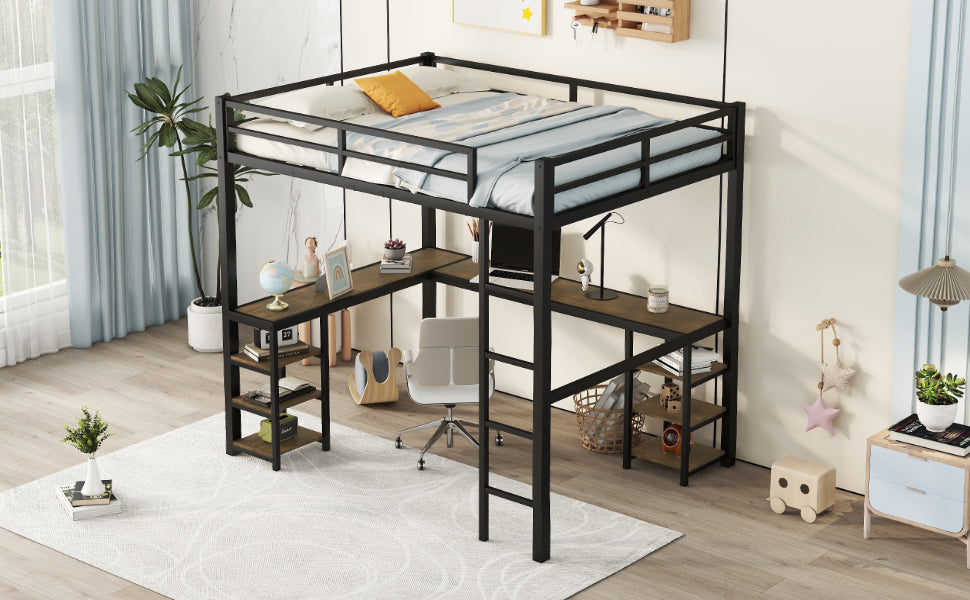 Full Metal Loft Bed With Desk And Shelves, Loft Bed With Ladder And Guardrails, Loft Bed Frame For Bedroom, Black With Vintage Wood Colored Desk Full Black Metal