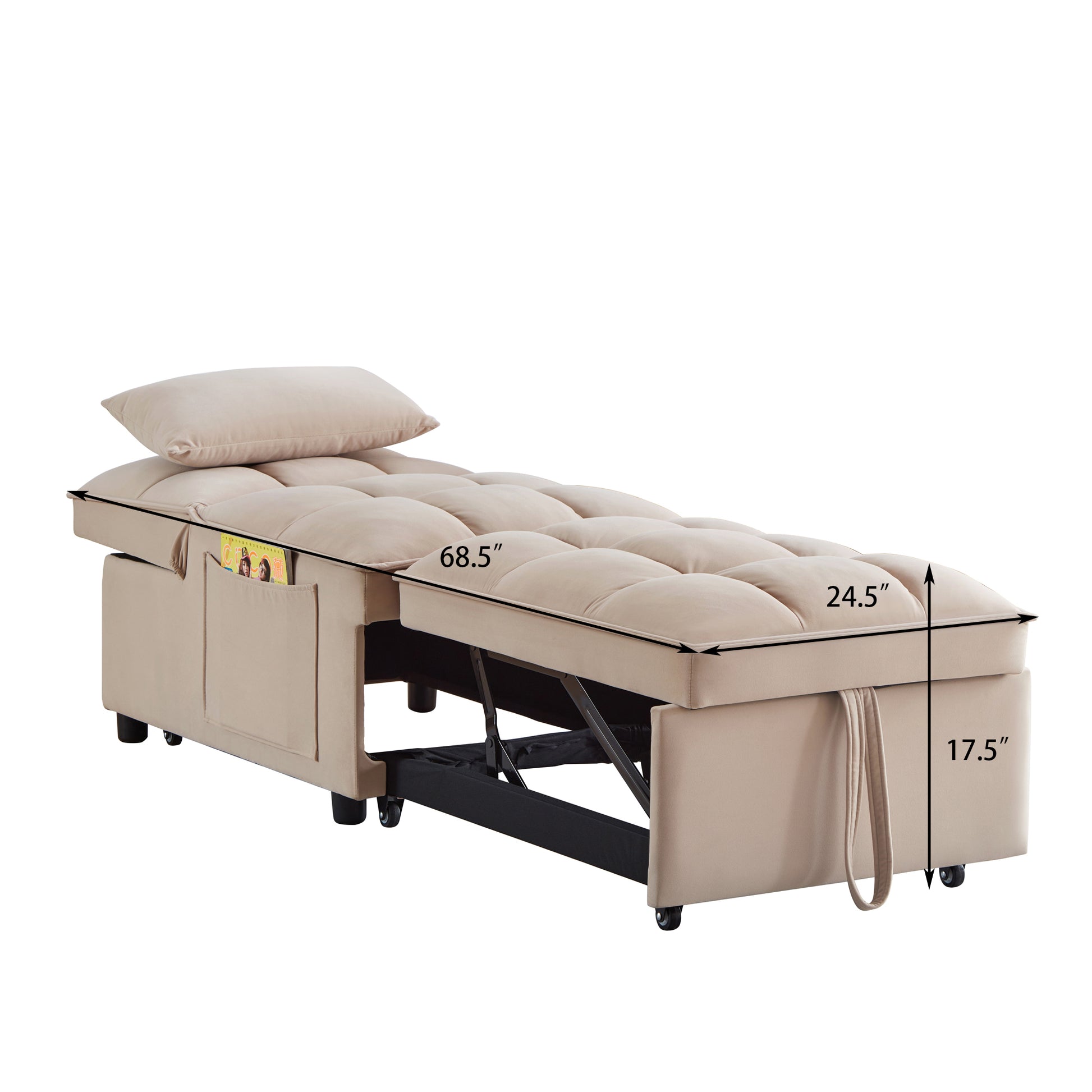 4 In1 Multi Function Single Sofa Bed With Storage Pockets,Tufted Single Pull Out Sofa Bed With Adjustable Backrest And Pillows ,Convertible Chaise Lounge,Taupe Taupe Velvet Metal Primary Living Space American Design Armless Foam Velvet 1 Seat