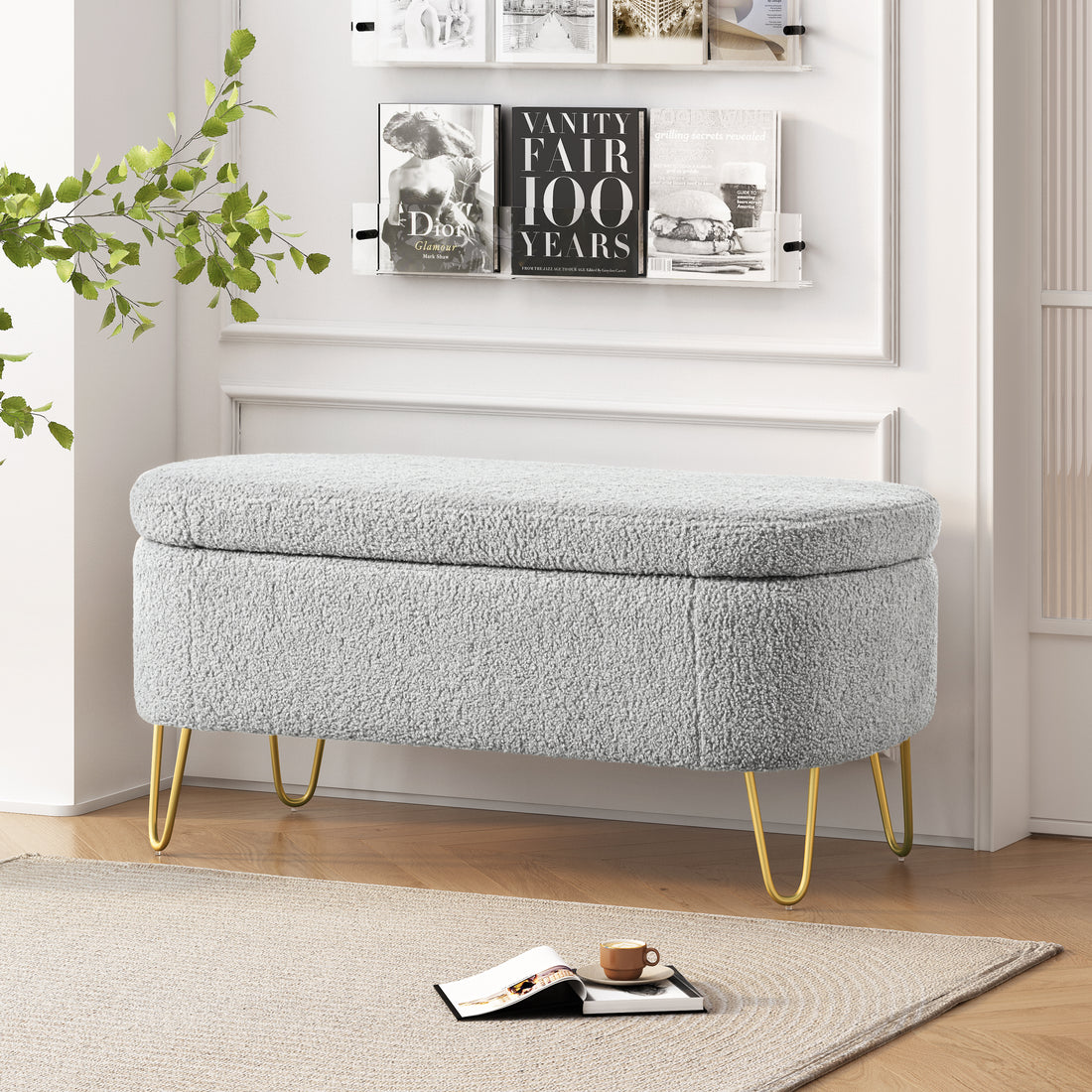 Oval Storage Bench For Living Room Bedroom End Of Bed, Upholstered Storage Ottoman Entryway Bench With Metal Legs,Grey Wood Primary Living Space Solid Grey Pine With Storage Grey Polyester Polyester Or Polyester Blend Backless Modern Oval Flip Top