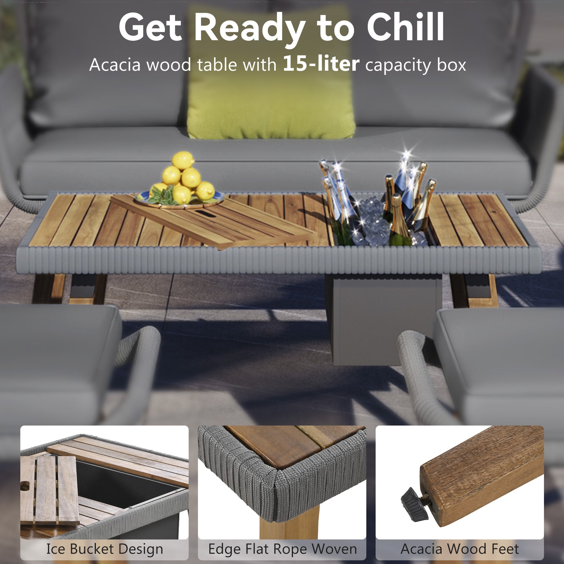 K&K 6 Piece Rope Patio Furniture Set, Outdoor Furniture With Acacia Wood Cool Bar Table With Ice Bucketdeep Seat Patio Conversation Set With Two Stools For Backyard Porch Balcony Grey Yes Complete Patio Set Grey Weather Resistant Frame Fade Resistant