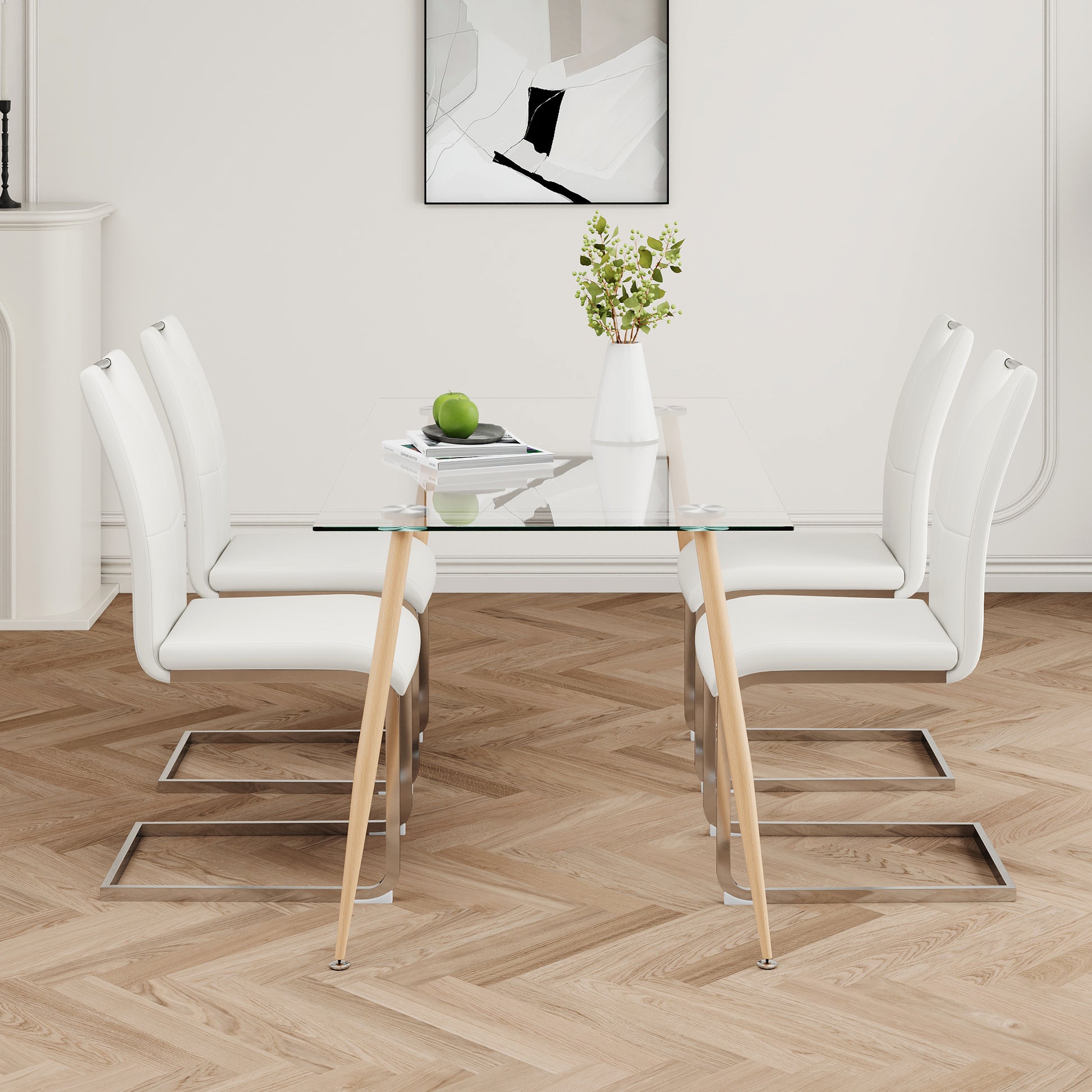 Modern Simple Rectangular Glass Dining Table, Solid Tempered Glass Countertop, Wood Transfer Metal Table Legs, White Pu Dining Chair Set, Suitable For Restaurant Kitchen Use Set Of 5 Upholstered Chair Glass White Pu Seats 4 Metal Rectangular Dining Table