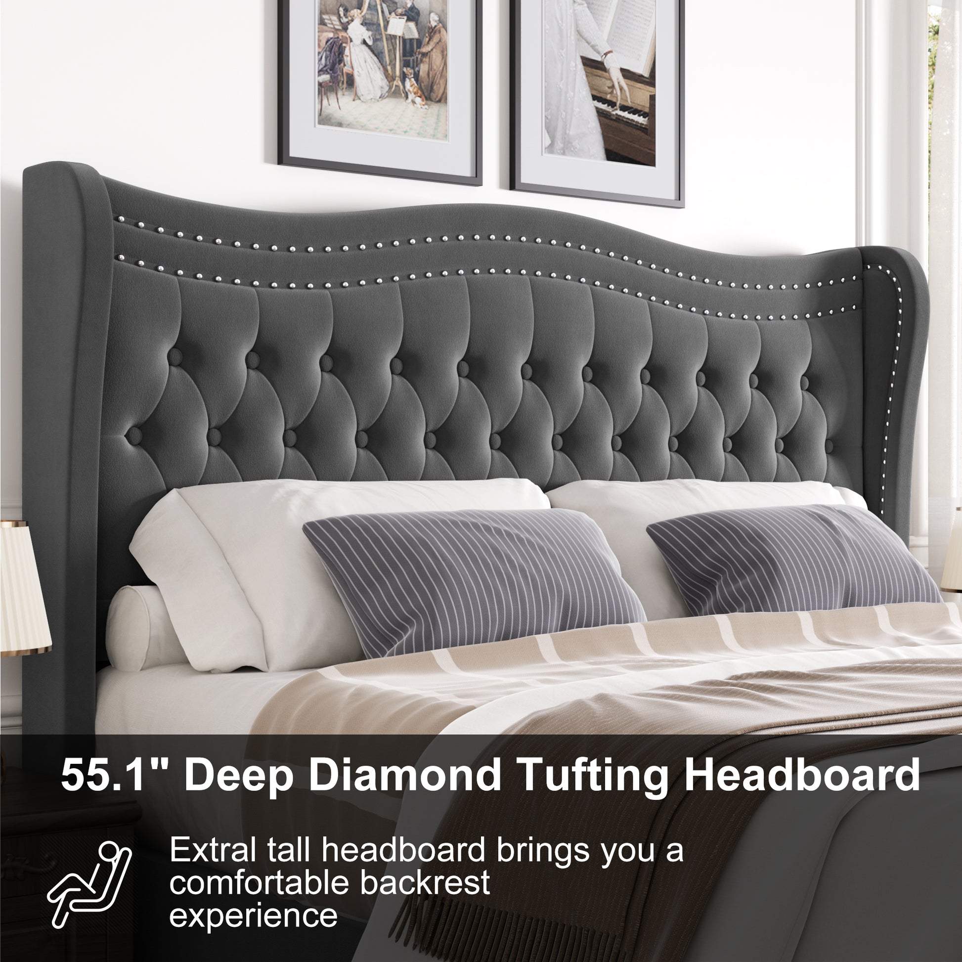 Lift Up Velvet Gray Queen Size Bed Box Spring Not Required Queen Gray Wood Light Brown Bedroom American Design Poplar Slat Beds Foam Velvet Upholstered