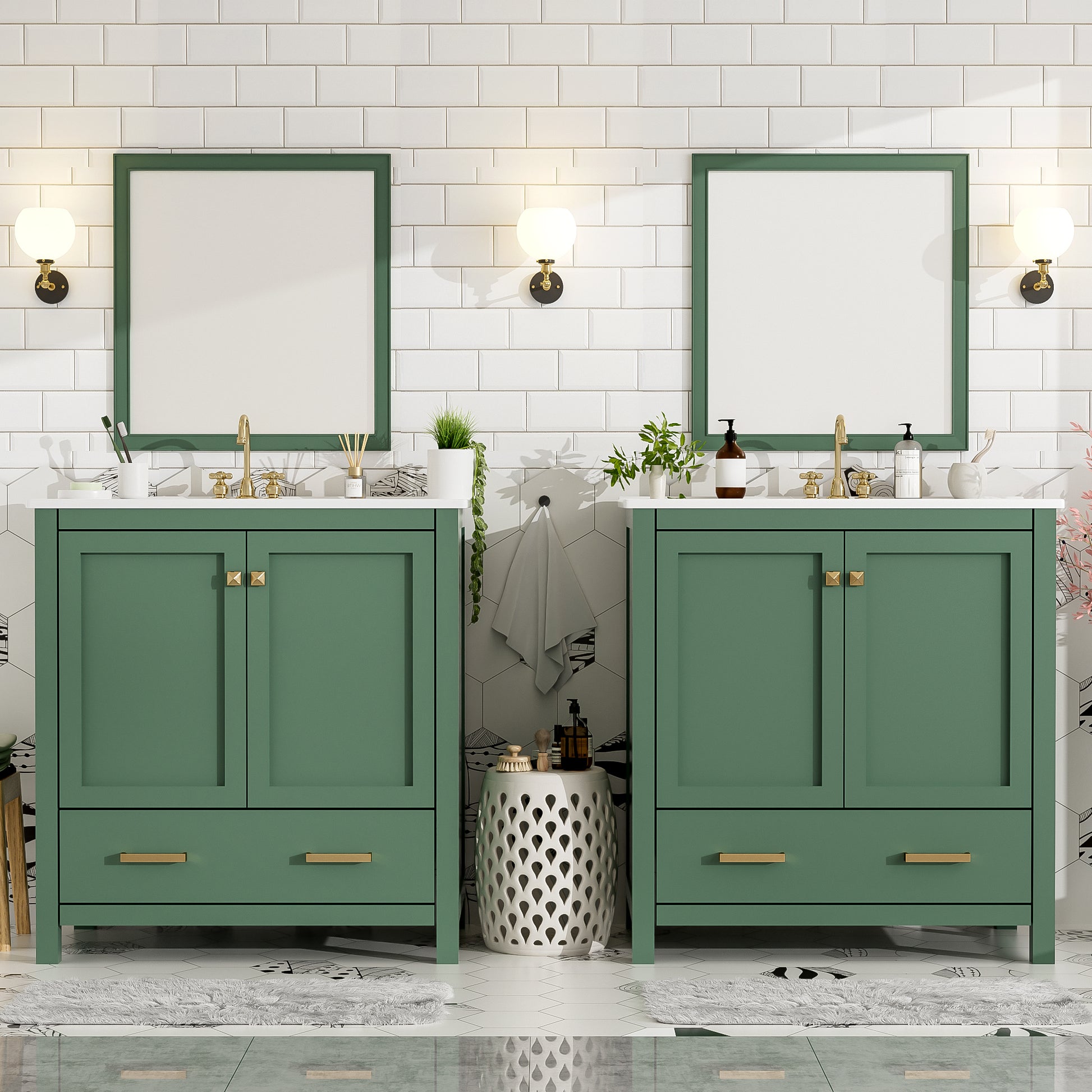 60" Green Bathroom Vanity Set With Double Vanities Separate , Double Ceramic Sinks, Storage Shelf, And Divided Drawers Mirror Not Included Modern Bathroom Solution For Spacious Bathrooms Green