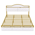 Metal Platform Bed With 3 Drawers, Storage Headboard, King, Gold King Gold White Fabric Metal