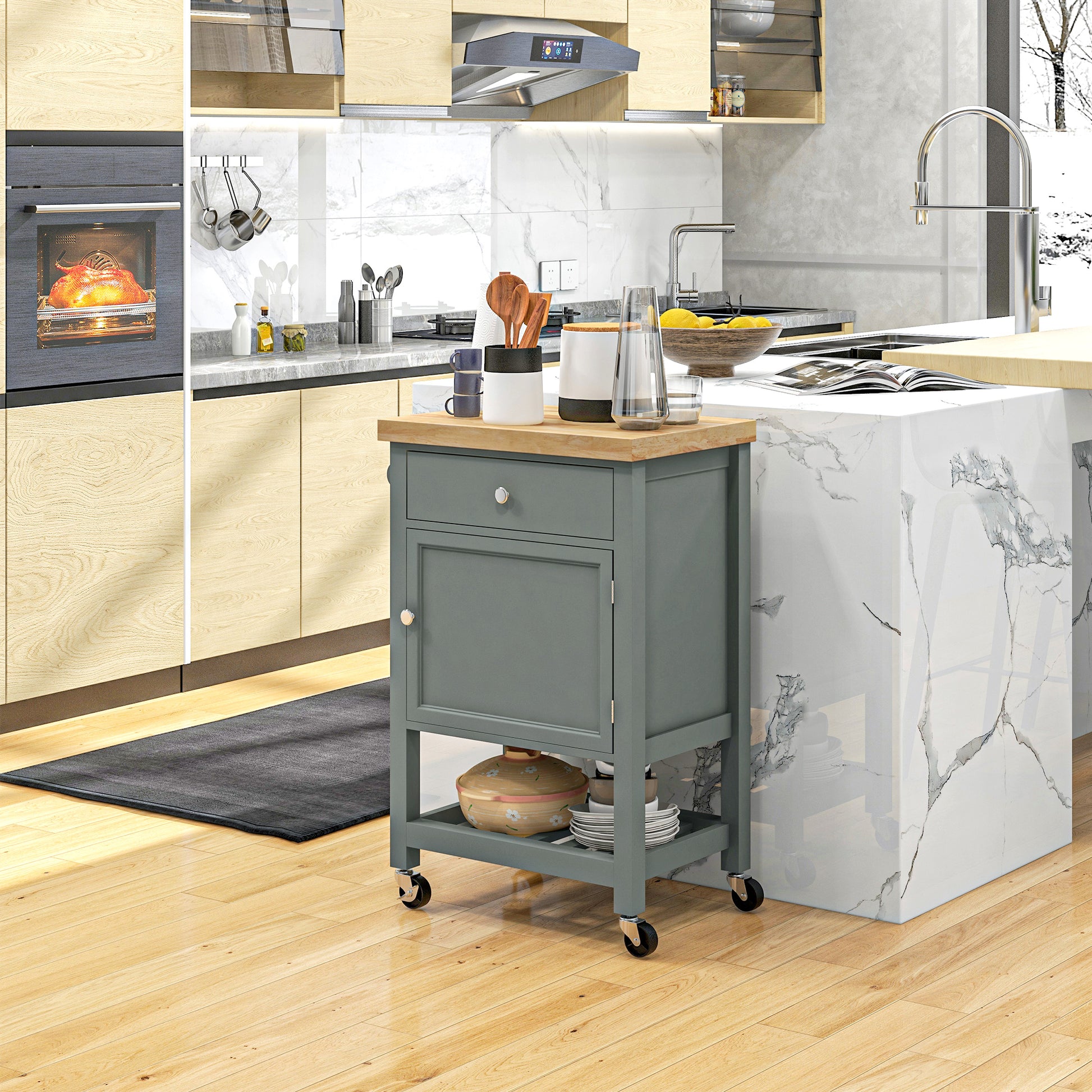 Homcom Utility Kitchen Cart, Rolling Kitchen Island With Smooth Rubberwood Top, Narrow Butcher Block Surface On Wheels With Storage Drawer & Cabinet, Gray Gray Engineered Wood