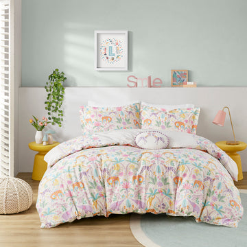 Floral Reversible Cotton Duvet Cover Set With Throw Pillow Queen Multicolor Cotton