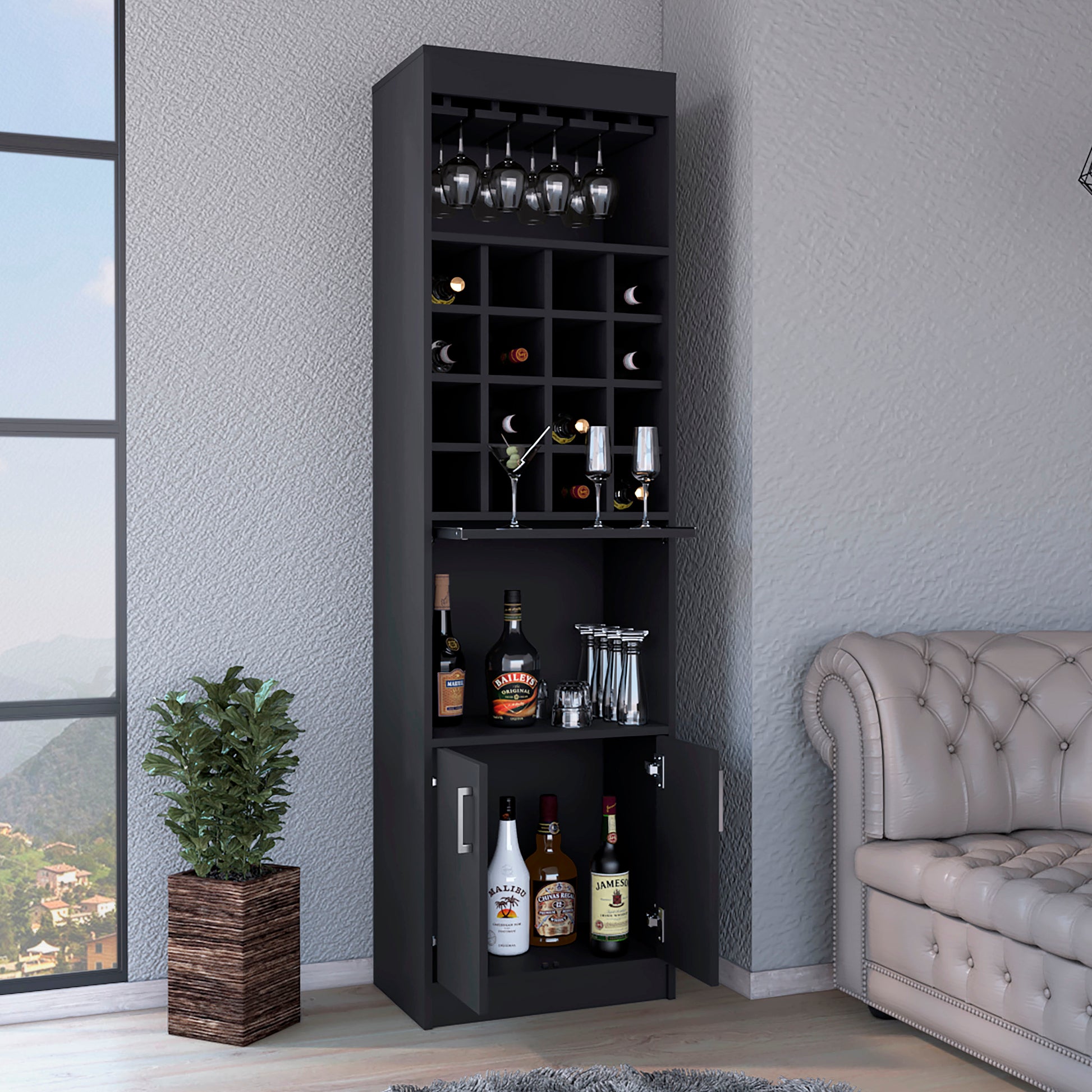 Being Kava Bar Cabinet, Double Door, Two Shelves, Sixteen Built In Wine Rack Black Black Dining Room Modern Particle Board Particle Board