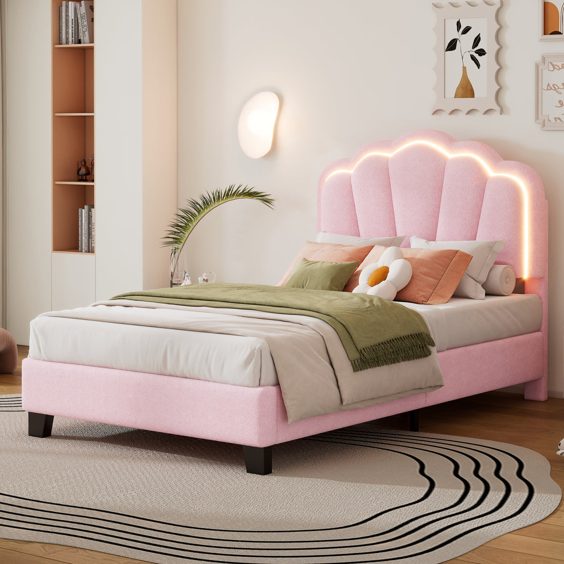 Twin Size Upholstered Flower Shape Bed, Elegant Flowers Headboard With Led Light Strip ,Sherpa Fabric Platform Bed With Wooden Slats Support, Pink Twin Pink Wood