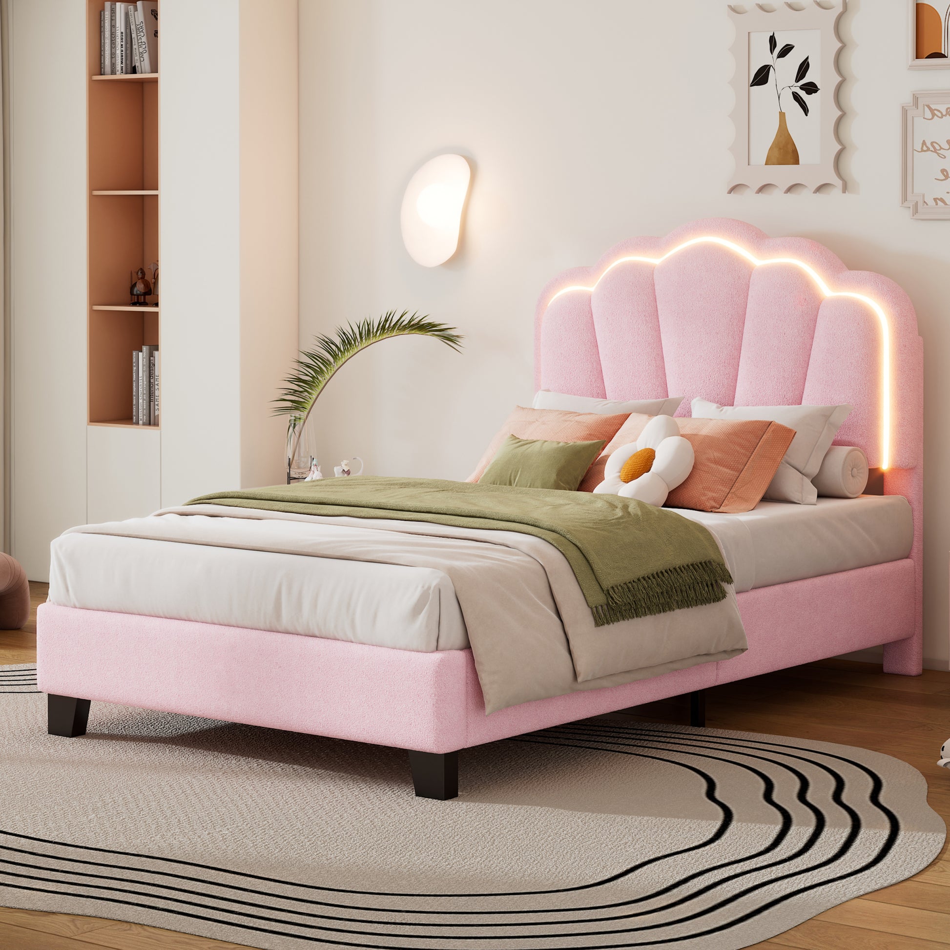 Twin Size Upholstered Flower Shape Bed, Elegant Flowers Headboard With Led Light Strip ,Sherpa Fabric Platform Bed With Wooden Slats Support, Pink Twin Pink Wood