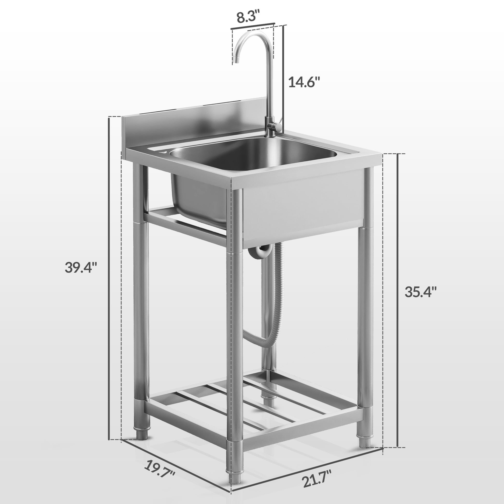 Homcom Outdoor Utility Sink, Deep Stainless Steel Sink, Free Standing Single Bowl Kitchen Sink With Cold And Hot Water Pipe And Storage Shelf For Laundry Garage, 22 Inch Silver Stainless Steel