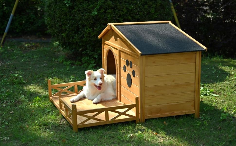 48" Wooden Dog House Outdoor With Porch, Dog Kennel With Water Resistant Asphalt Roof And Fencing,Indoor & Outdoor Dog Crate With Paw Print, Medium, Nature Natural Outdoor Kennel Medium 26 40 Lbs