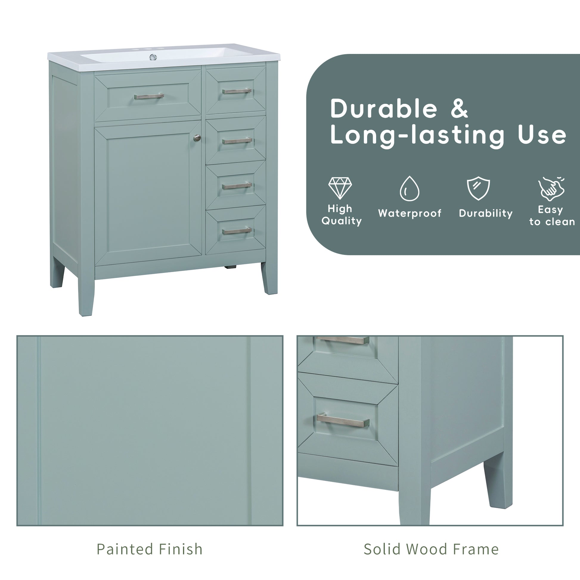 30" Bathroom Vanity With Sink Combo, Green Bathroom Cabinet With Drawers, Solid Frame And Mdf Board Old Sku:N725S999222F Green Solid Wood Mdf
