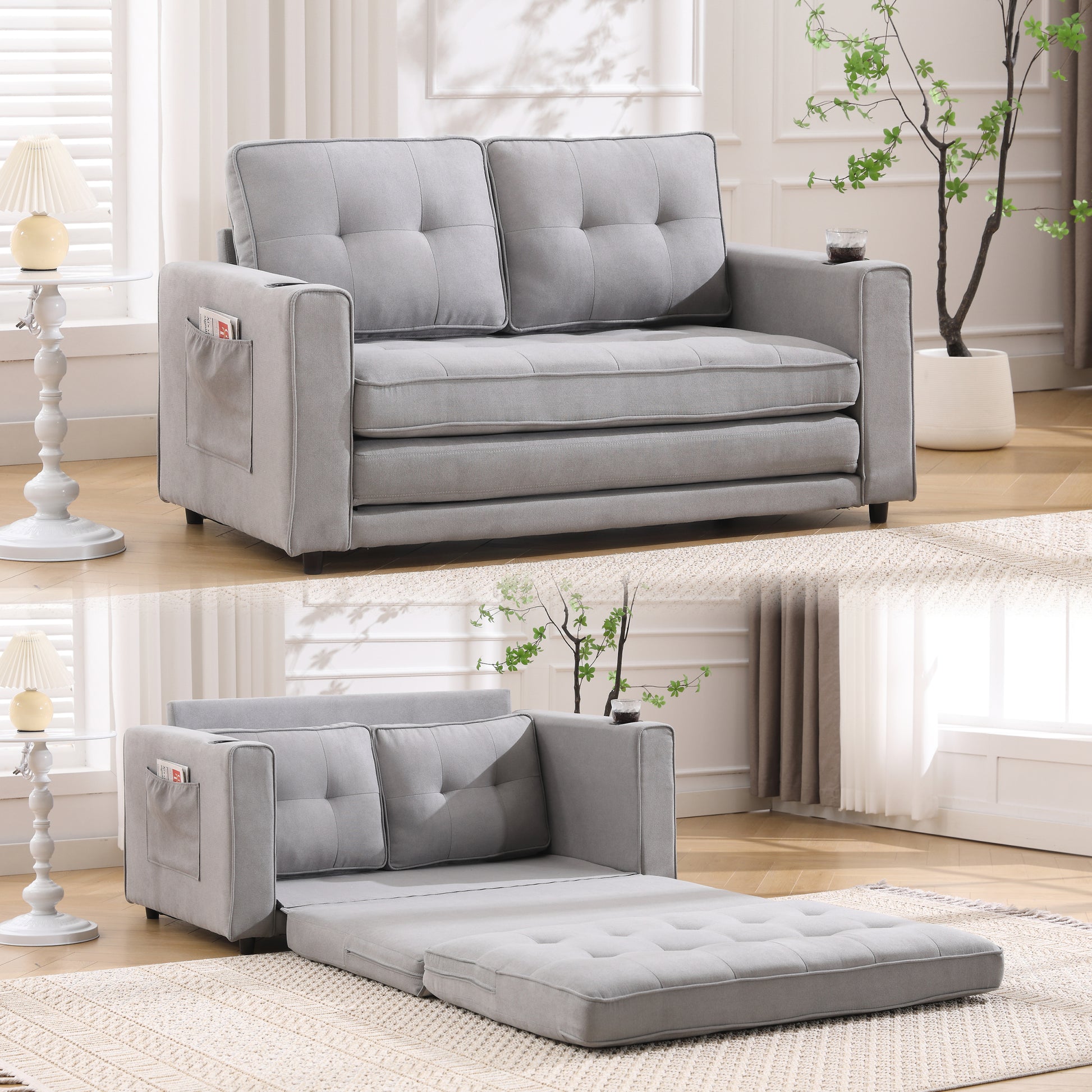 3 In 1 Upholstered Futon Sofa Convertible Sofa Bed,Foldable Tufted Loveseat With Pull Out Sleeper Couch Bed,Folding Mattres Beautiful Seat Daybed W Side Pockets And Cup Holder, Light Gray Light Gray Foam Fabric