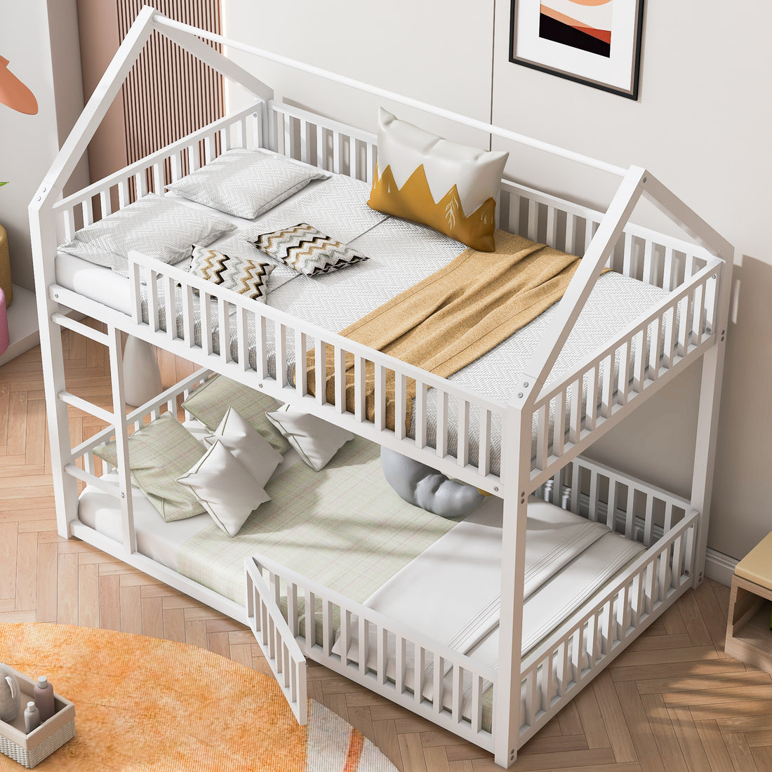 Metal Twin Over Twin House Bunk Bed With Fence And Door, White Box Spring Not Required Twin White Metal Bedroom Metal