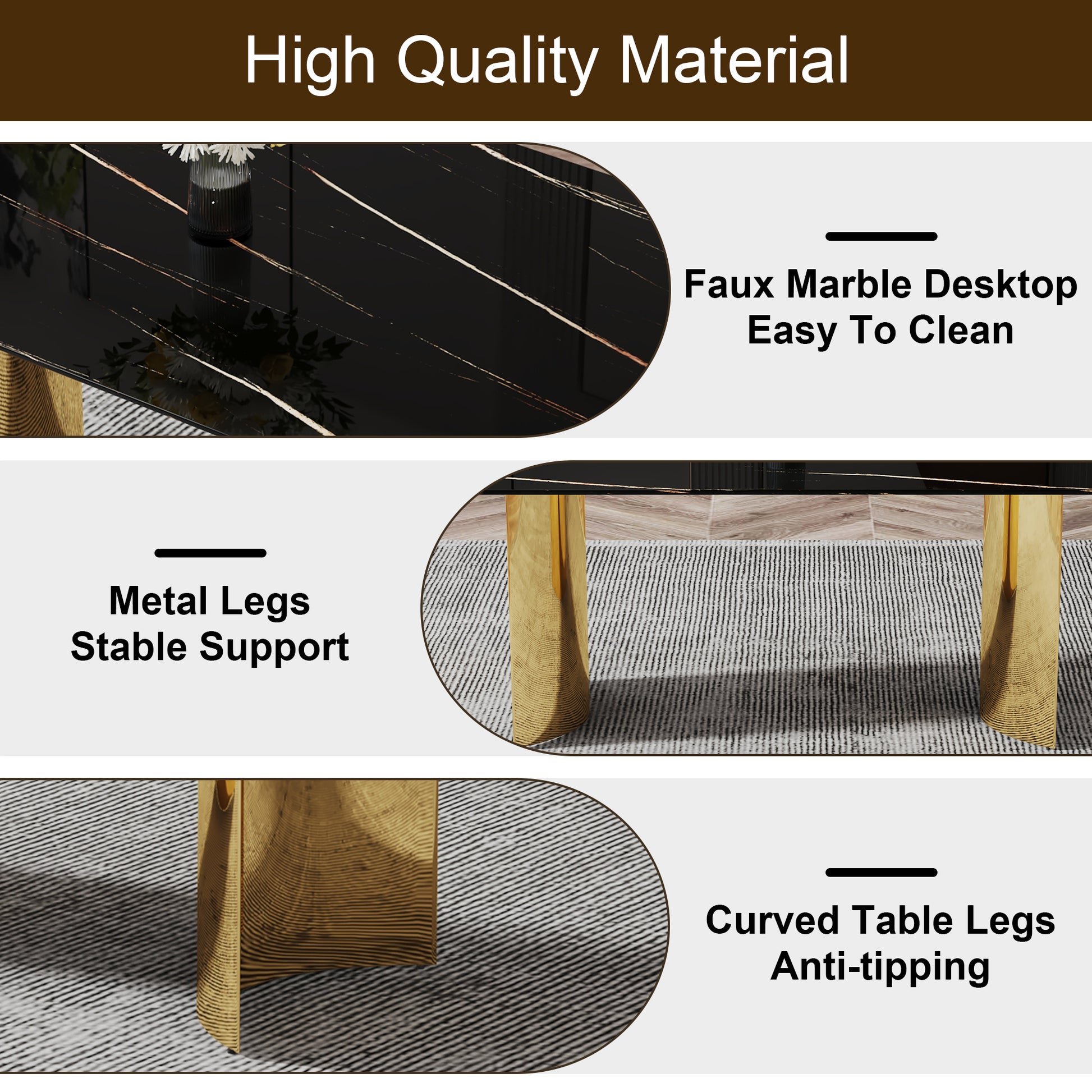 Table And Chair Set.The Table Has A Glass Top With Imitation Marble Pattern Stickers And Stainless Steel Golden Legs. Paried With Chairs With Pu Artificial Leather Backrest Cushions And Black Legs. Black Gold Seats 8 Glass Metal
