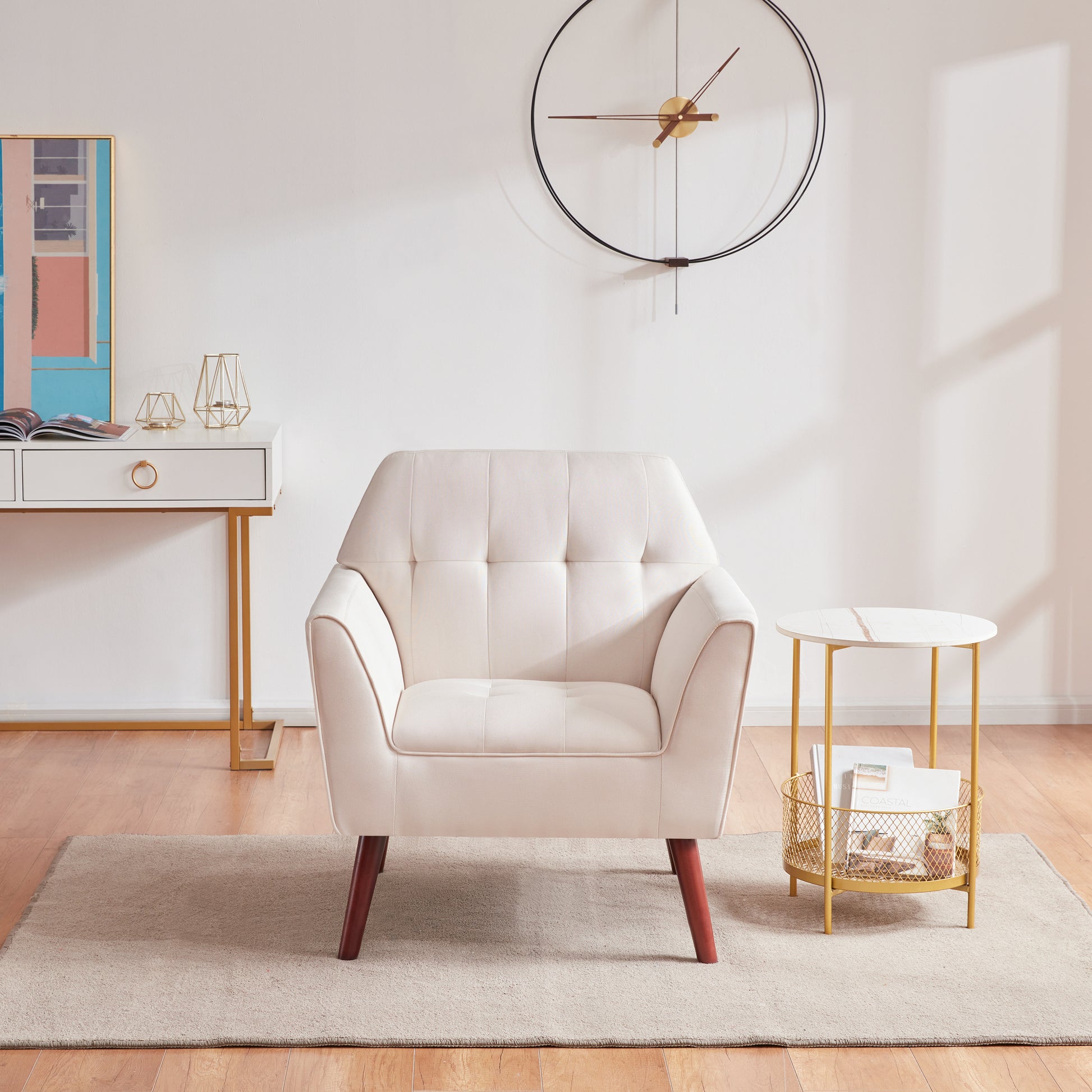 Accent Chairs For Bedroom, Midcentury Modern Accent Arm Chair For Living Room, Linen Fabric Comfy Reading Chair, Tufted Comfortable Sofa Chair, Upholstered Single Sofa White Bedroom Modern Solid Wood