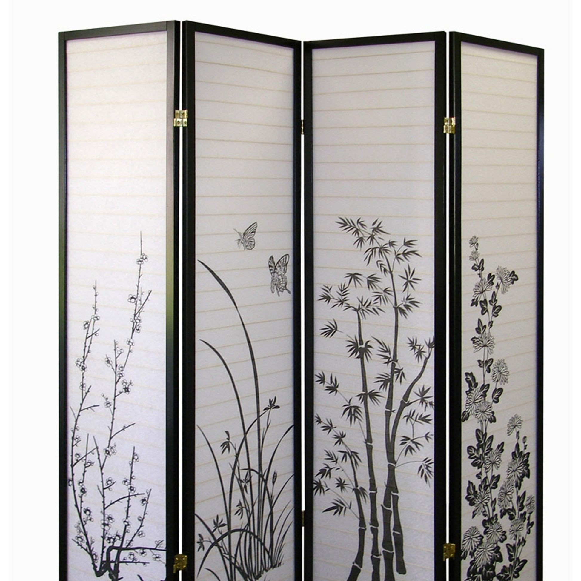 70" Tall 4 Panel Screen Room Divider, Floral Design With Black Finish Black Wood