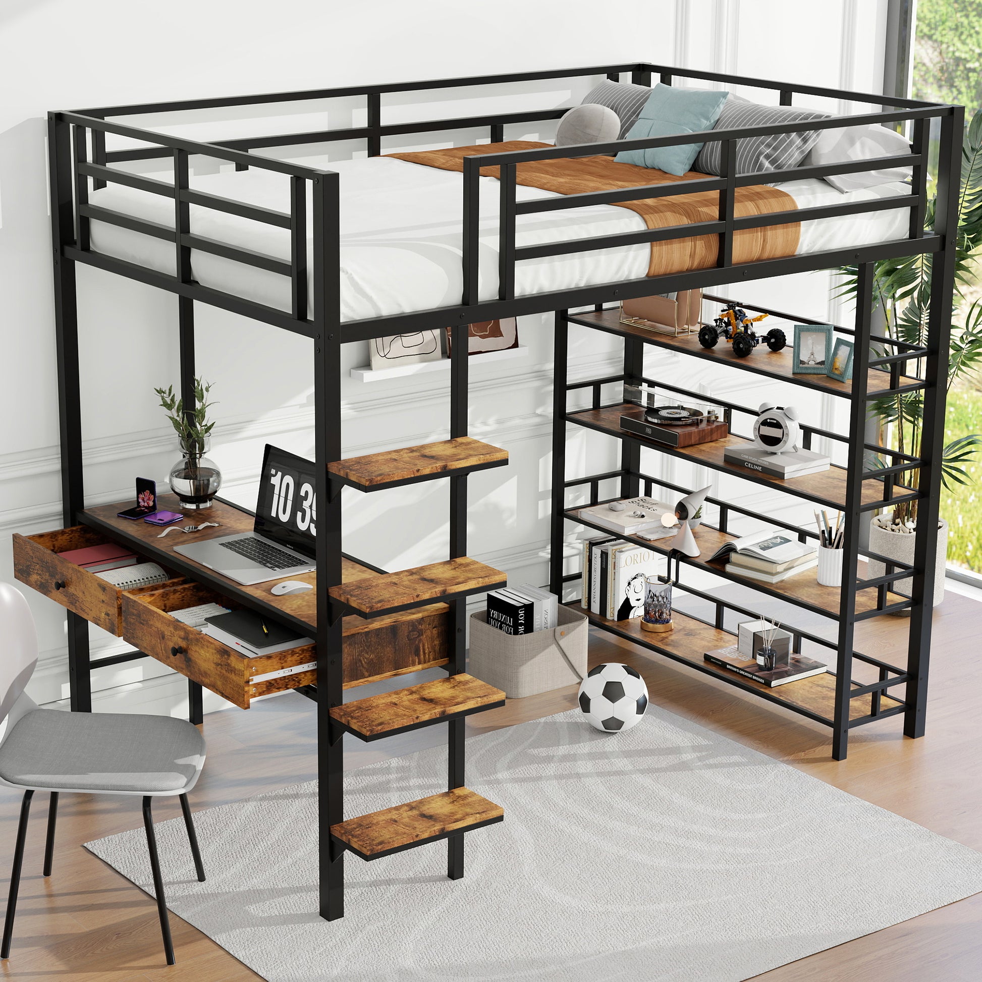 Full Size Metal Loft Bed With Desk And Shelves, Black Expected Arrival Time: 9.18 Box Spring Not Required Full Black Metal Solid Wood Mdf