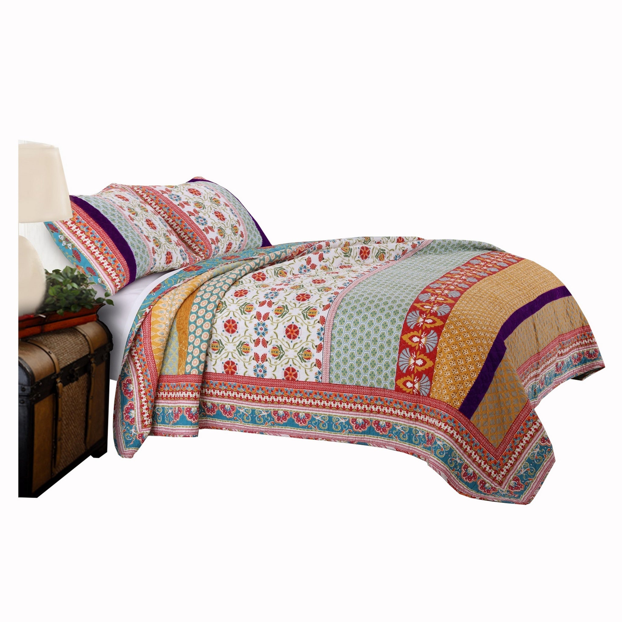 Geometric And Floral Print Full Size Quilt Set With 2 Shams, Multicolor Multicolor Polyester Blend