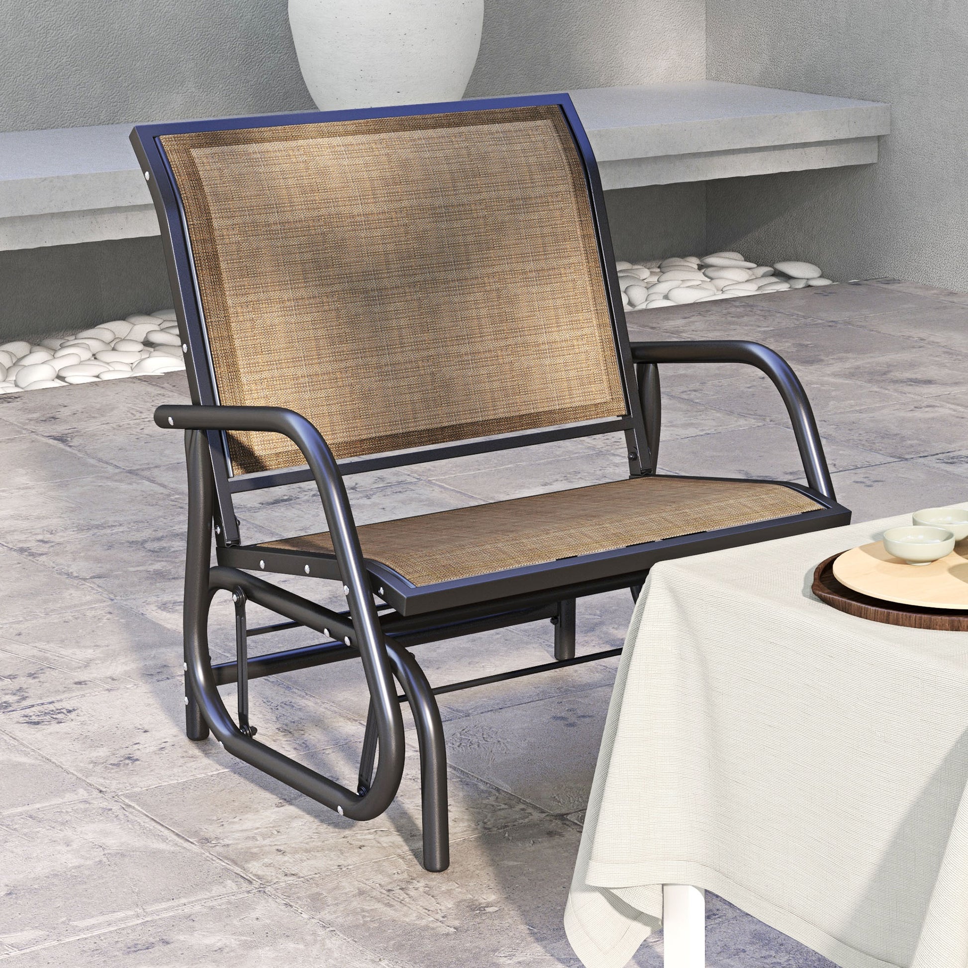Outsunny Porch Glider, Metal Frame Swing Glider Chair Withmesh Fabric, Curved Armrests And Steel Frame For Garden, Poolside, Backyard, Balcony, Light Mixed Brown Brown Fabric Metal