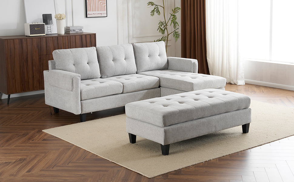 83.4" L Shaped Sofa Sectional Couch Sofa Bed With Two Usb Ports, A Movable Ottoman And A Reversible Chaise Lounge For Living Room, Grey Grey Foam Chenille 5 Seat