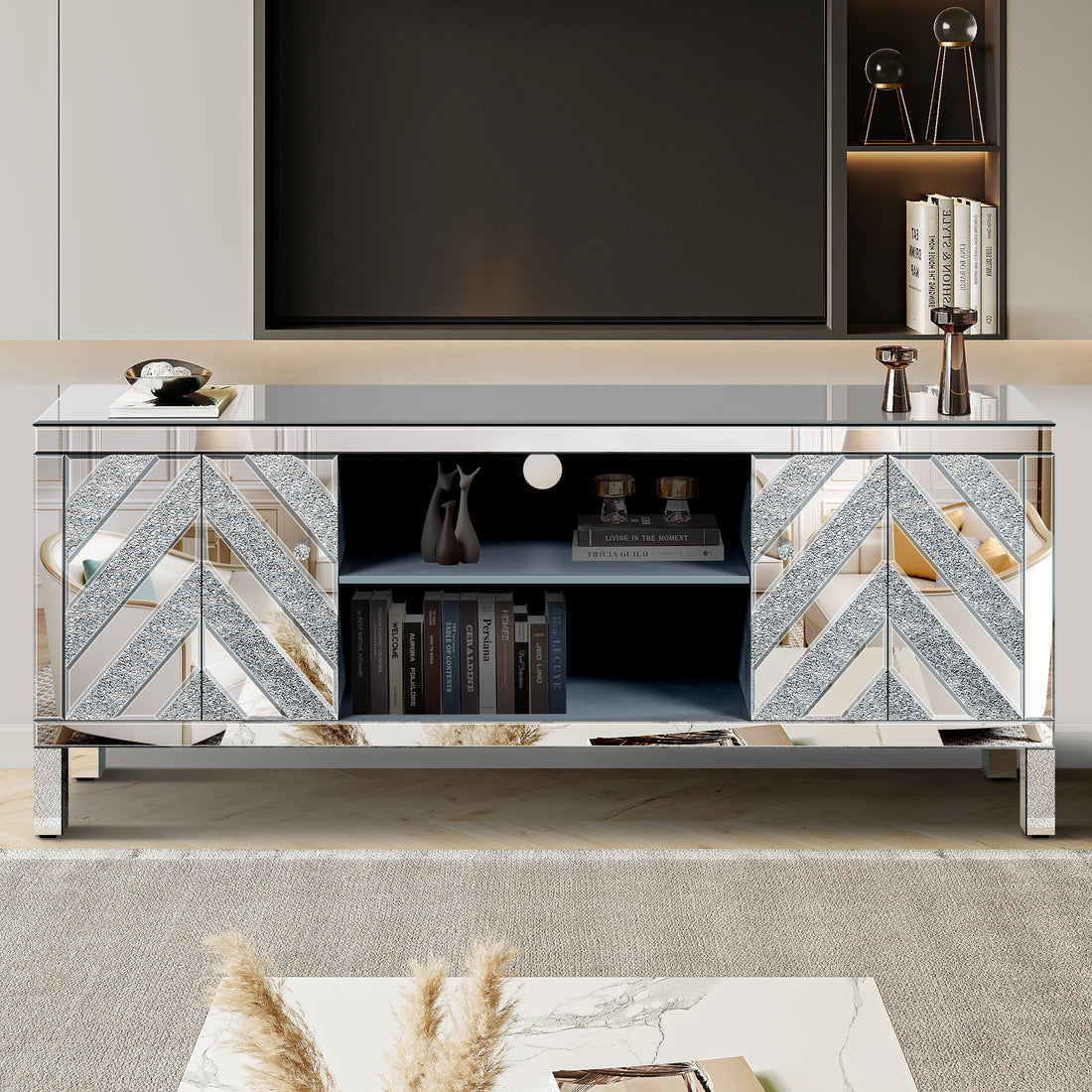 Mirrored Tv Stand For 65 Inch Tv,Sliver Tv Console Table With Open Storage & 2 Storage Cabinets ,M Shape Sparkling Mirror Doors For Living Room 59''W X 25.2''H X 15.7D 1 2 Shelves Mirrored Silver