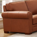 Brookfield Leather Sofa Brown Genuine Leather Wood Primary Living Space Medium Firm Cushion Back Mid Century Modern Eucalyptus Rolled Arms Down Filling Genuine Leather 3 Seat