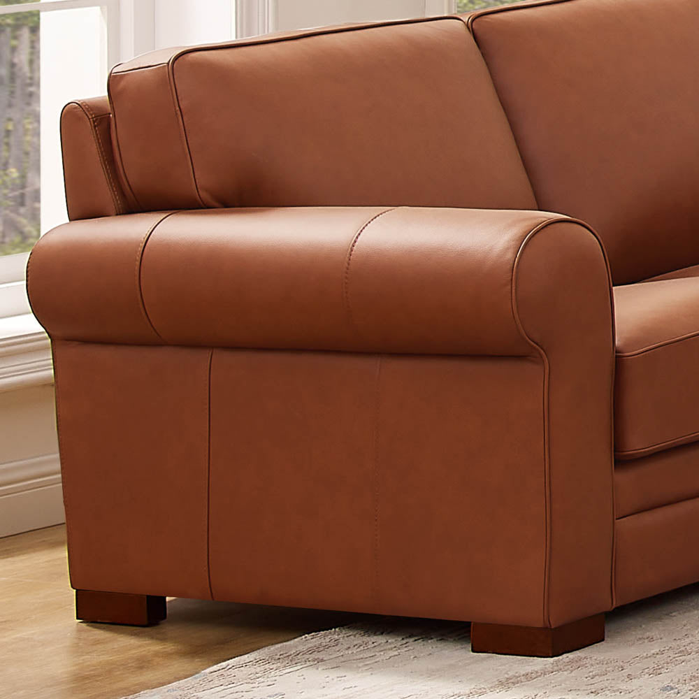 Brookfield Leather Sofa Brown Genuine Leather Wood Primary Living Space Medium Firm Cushion Back Mid Century Modern Eucalyptus Rolled Arms Down Filling Genuine Leather 3 Seat