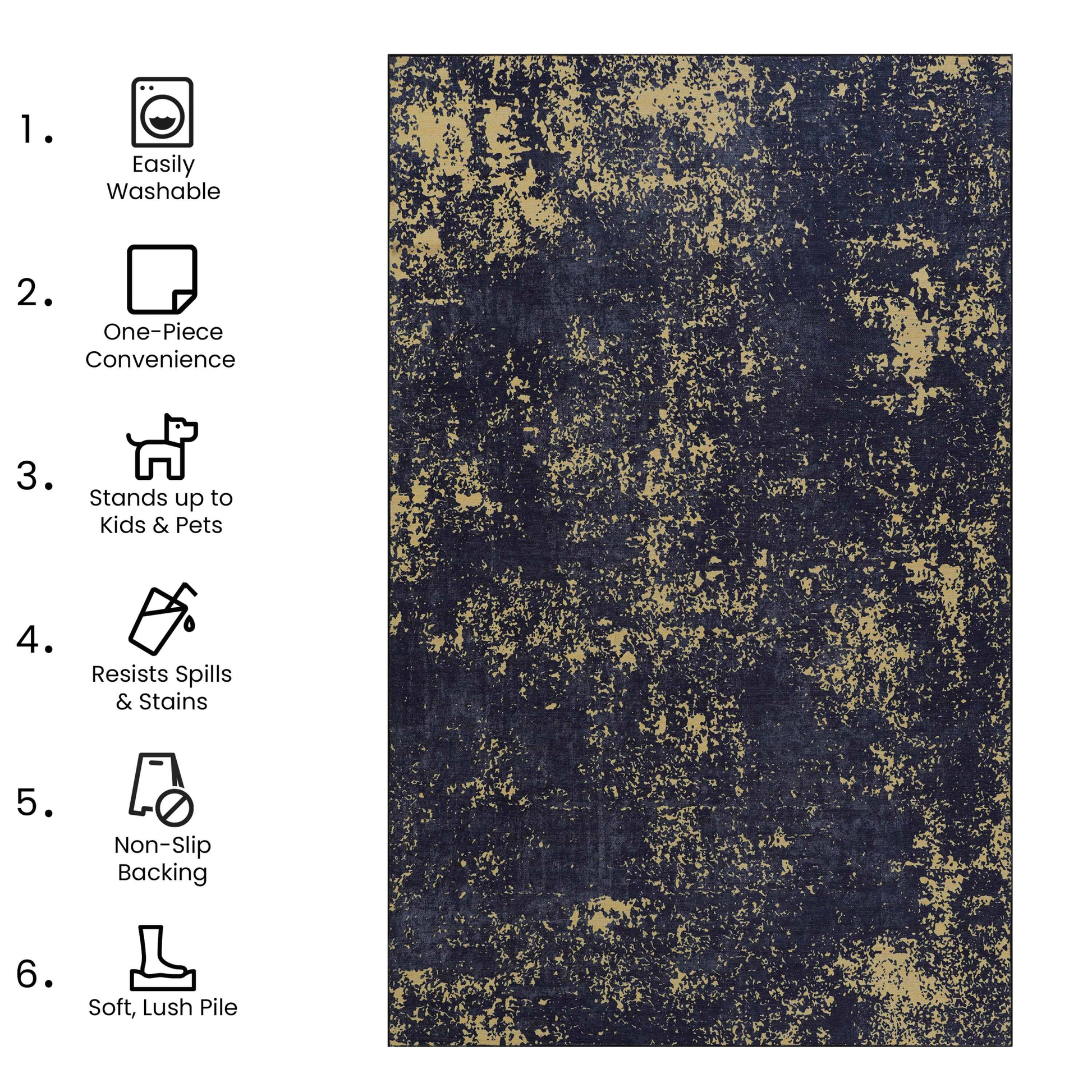 5X8 Area Rug For Bedroom, Washable Rug, Low Pile, Non Slip, Non Shedding, Foldable, Kid&Pet Friendly Area Rugs For Living Room, Bedroom, Kitchen, Dining Room, Wedding Gift, Black Gold, 5'X8' Black Gold Chenille Polyester