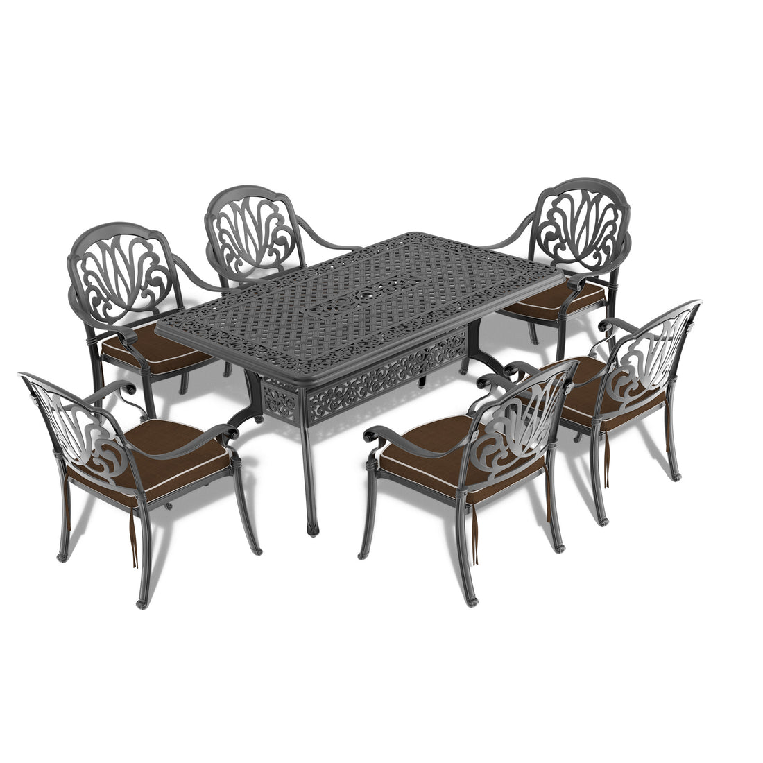 Cushions In Random Colors 7 Piece Set Of Cast Aluminum Patio Furniture With Cushions Yes Dining Set Black Seats 6 Rust Resistant Frame Water Resistant Cushion Garden & Outdoor Complete Patio Sets Aluminium