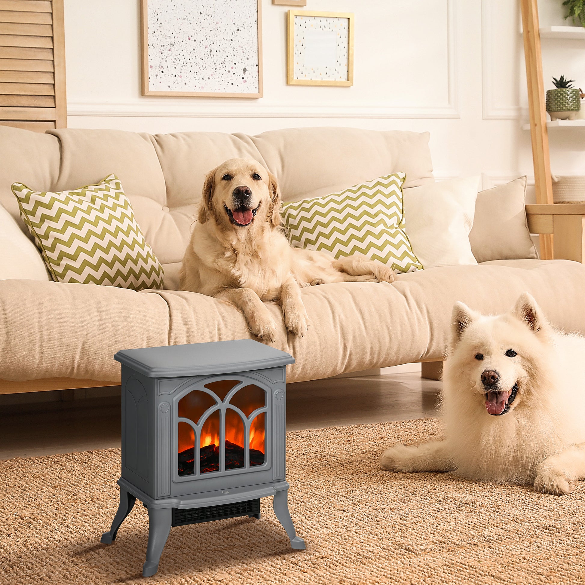 Homcom 17" Freestanding Electric Fireplace Stove, Fire Place Heater With Realistic Logs And Flame Effect And Overheat Protection, 750W 1500W, Gray Gray Plastic