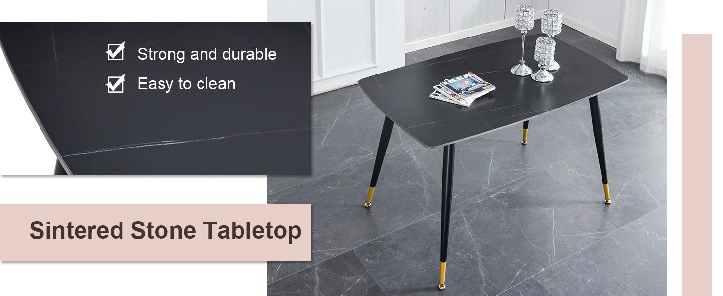 Table And Chair Set. Large Modern Rectangular Table With Black Textured Top And Black Metal Legs. Soft And Comfortable Pu Seats, Faux Leather Upholstered Seats And Sturdy Metal Legs. White Black Seats 4 Sintered Stone