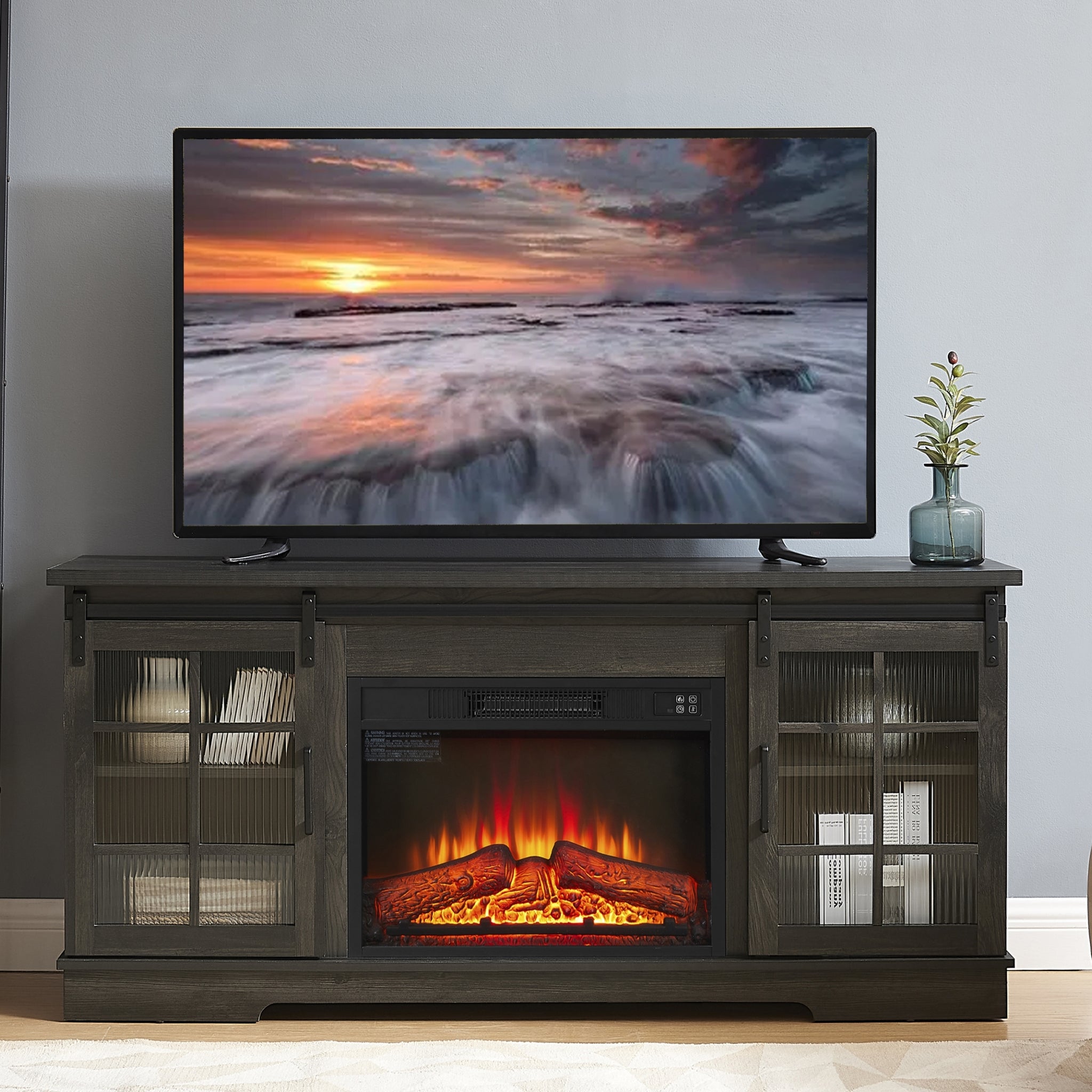 Multipurpose Sliding Door Tv Stand Large Storage Cabinet With 2 Sliding Fluted Glass Doors, Tv Up To 65'', Tv Desk Storage Rack With 23" Fireplace Tv Stand, Charcoal Grey, 59.13"W*15.94"D*27.8"H Charcoal Grey 60 69 Inches Mdf