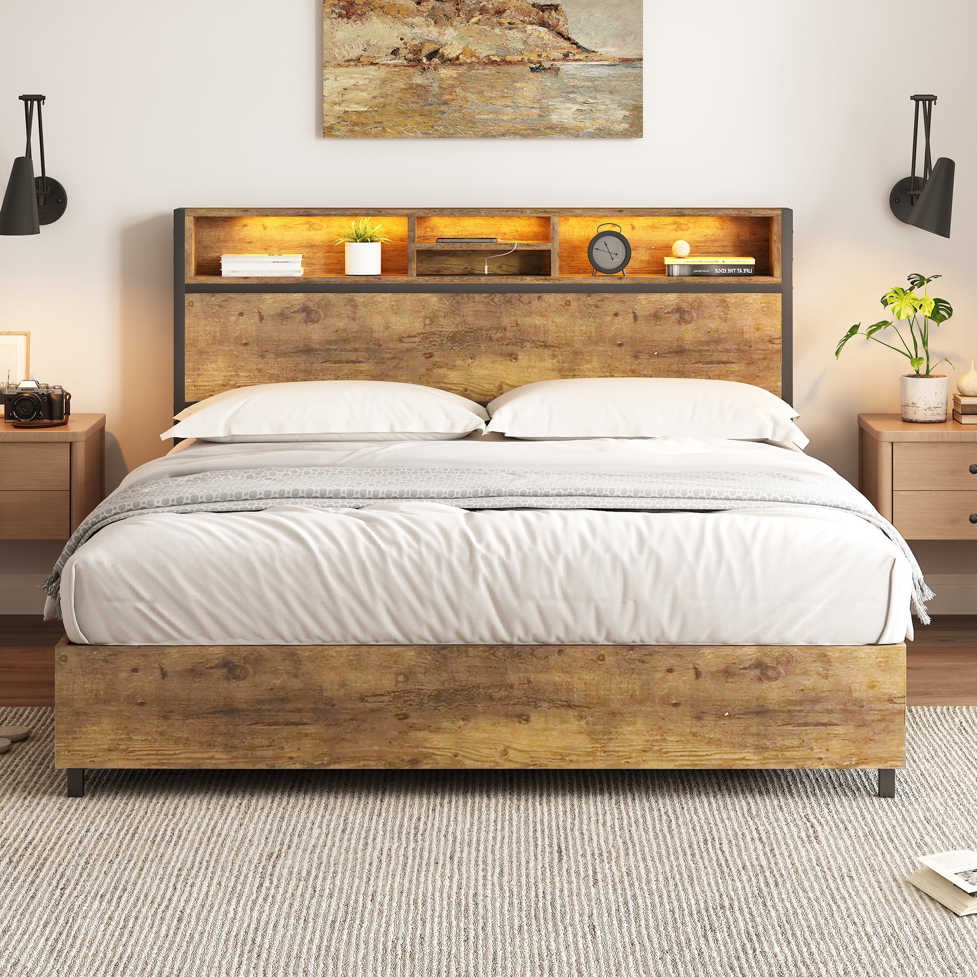 Metal Platform Bed With Underneath Storage, Led And Usb Ports, Full, Black Full Black Mdf Metal