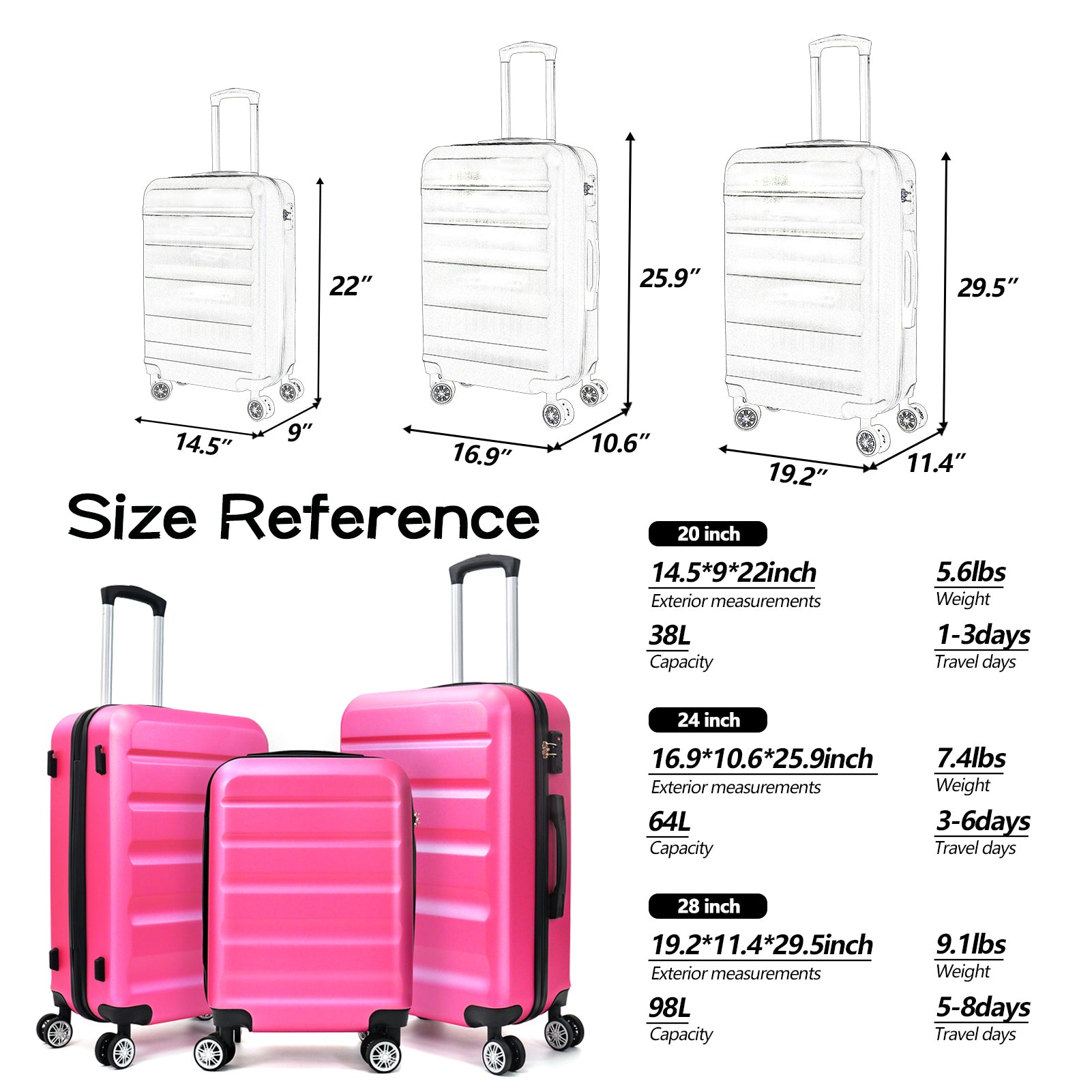 3 Piece Luggage 20Inches,24Inches,28Inches Featuring 360 Rotating Wheels And Tsa Lock Abs Hard Shell Yet Practical Design Suitable For Both Men And Women Rose Red Abs