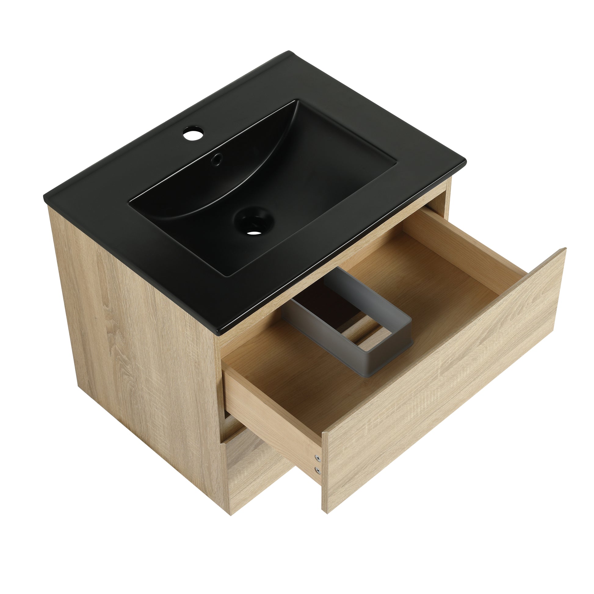 24" Wall Mounted Bathroom Vanity With Black Ceramic Sink, 2 Soft Close Drawers, Kd Package 2 Light Oak Bathroom Wall Mounted Modern Plywood