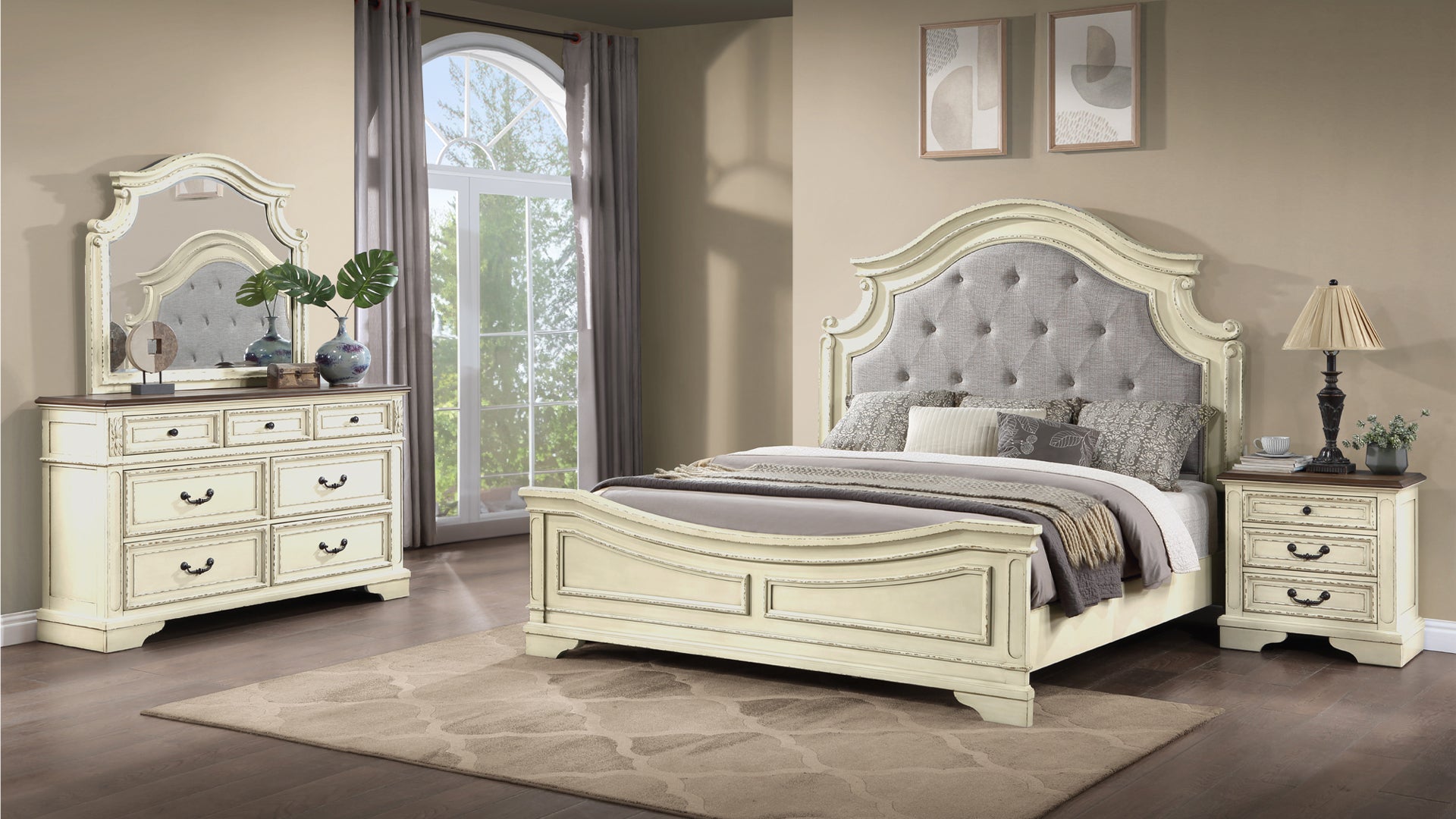 Noble Traditional Style 4 Pc Queen Bedroom Set With Button Tufted Upholstery Headboard Made With Wood In Antique Beige Box Spring Required Queen Beige Wood 4 Piece Set Bedroom Bed Included,Dresser Included,Mirror Included,Nightstand Included Traditional