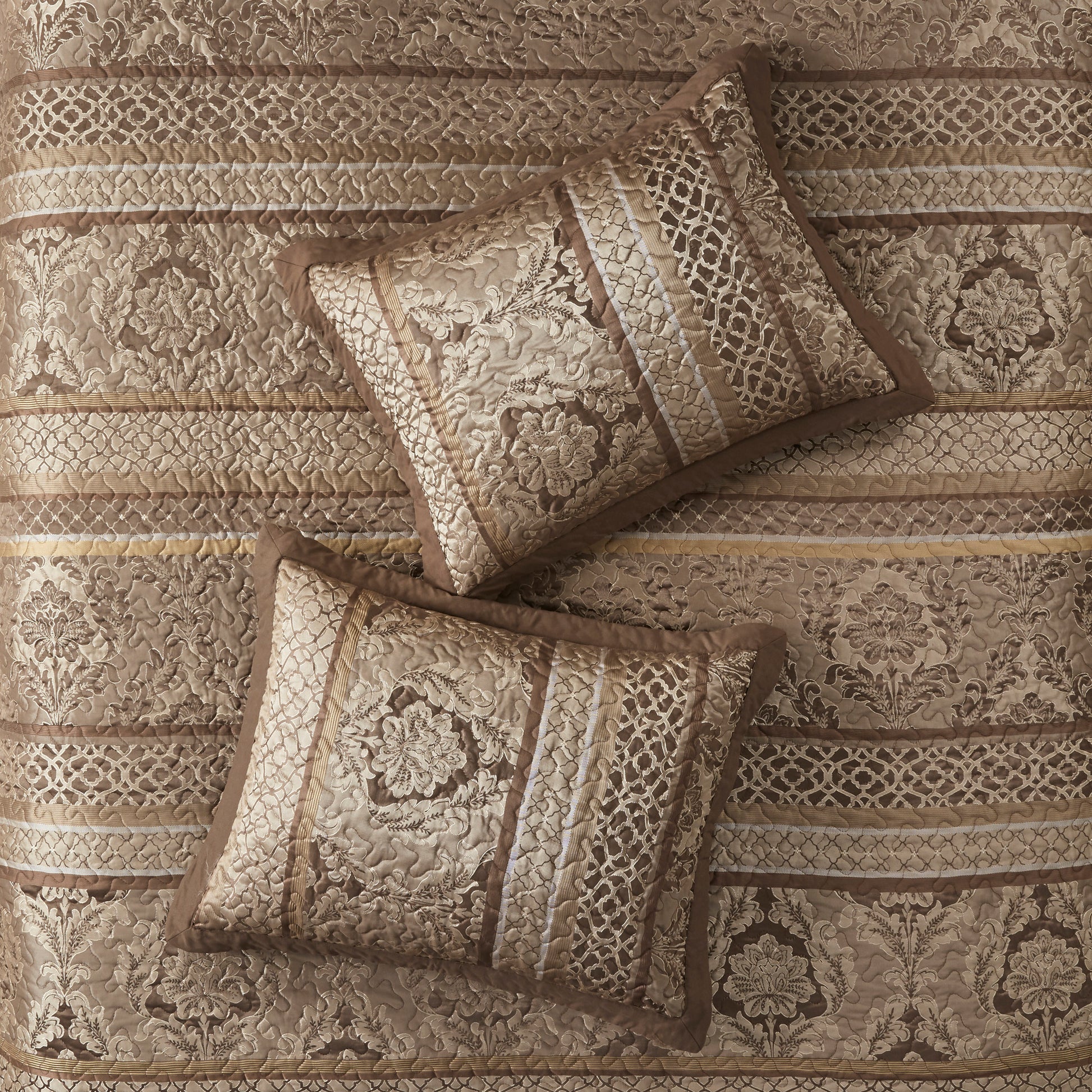 5 Piece Reversible Jacquard Bedspread Set Brown Gold Queen Queen Brown Gold Microfiber