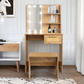 Vanity Desk Set Stool & Dressing Table With Led Lighting Mirror Drawer And Compartments Modern Wood Cosmetic Table Chest Of Drawers Nature Color Natural Wood Particle Board