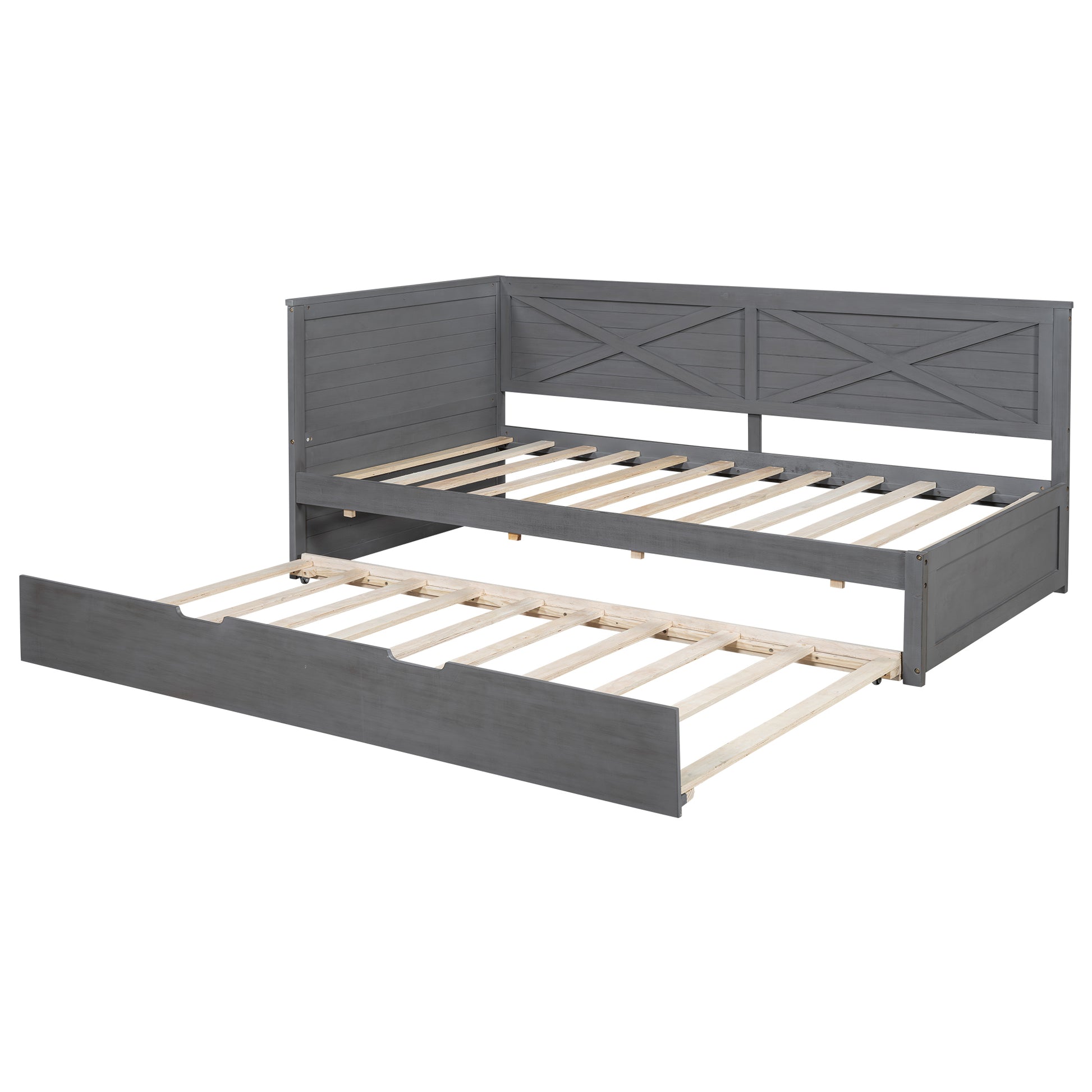 Twin Size Wood Daybed With Trundle And Rustic Guardrail, Ancient Grey Box Spring Not Required Twin Grey Wood Bedroom Solid Wood Mdf