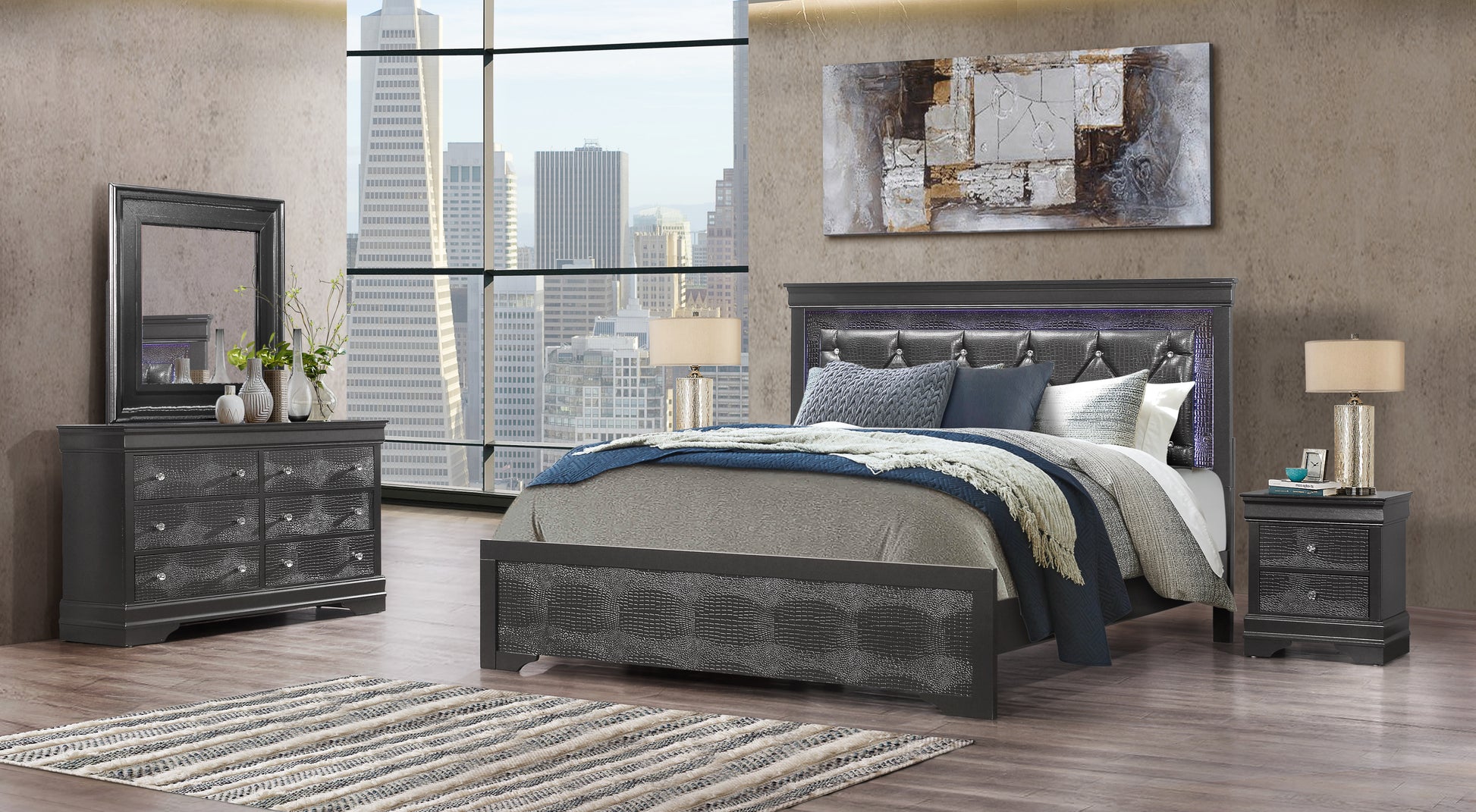 Shaker Crocodile Metallic Grey King Bed With Led Metallic Grey Solid Wood Mdf