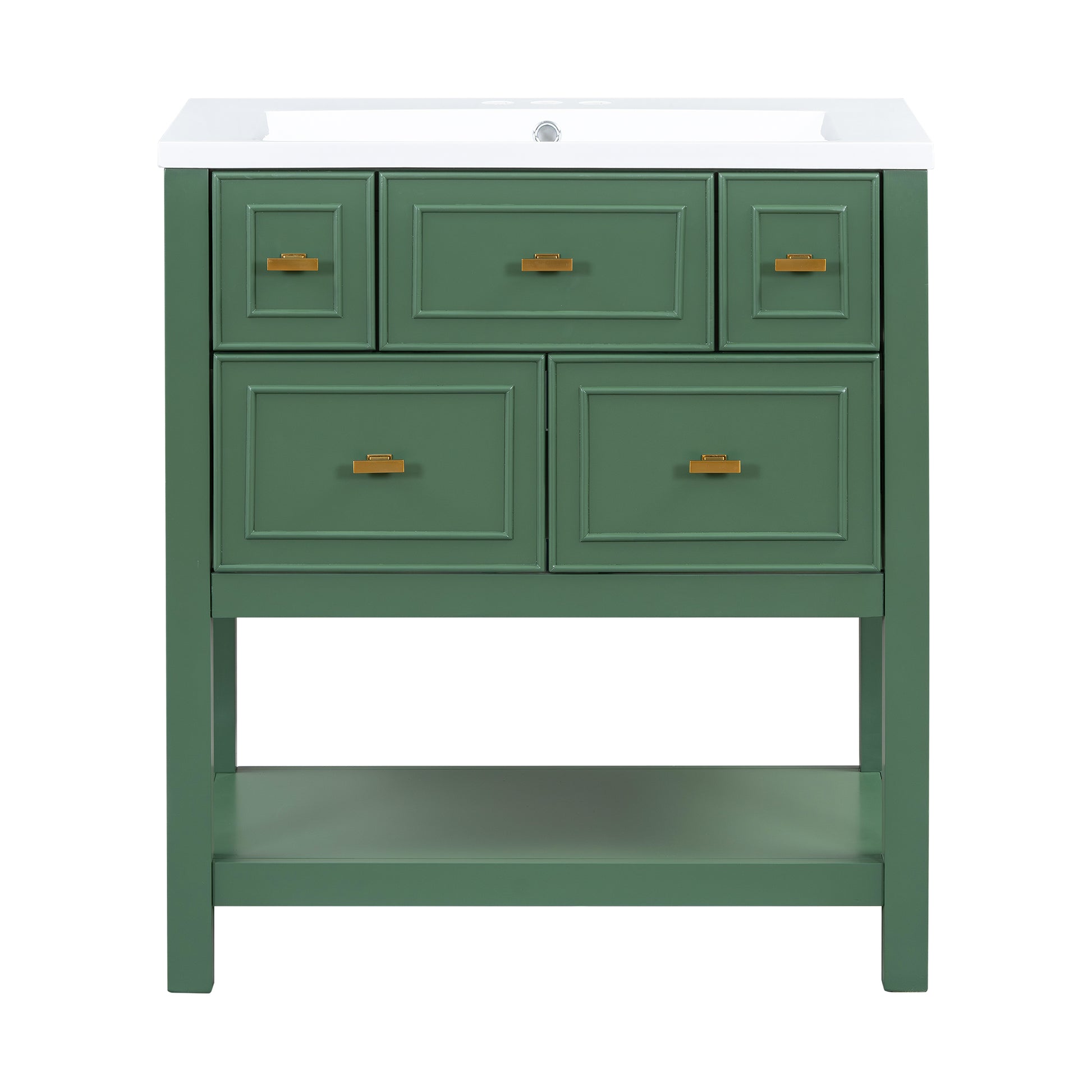 30'' Bathroom Vanity With Resin Sink Combo, Free Standing Single Vanity Set With 5 Drawers, Solid Wood Frame Bathroom Storage Cabinet, Green 4 Green 1 Bathroom Freestanding Modern Solid Wood Mdf Resin Painted