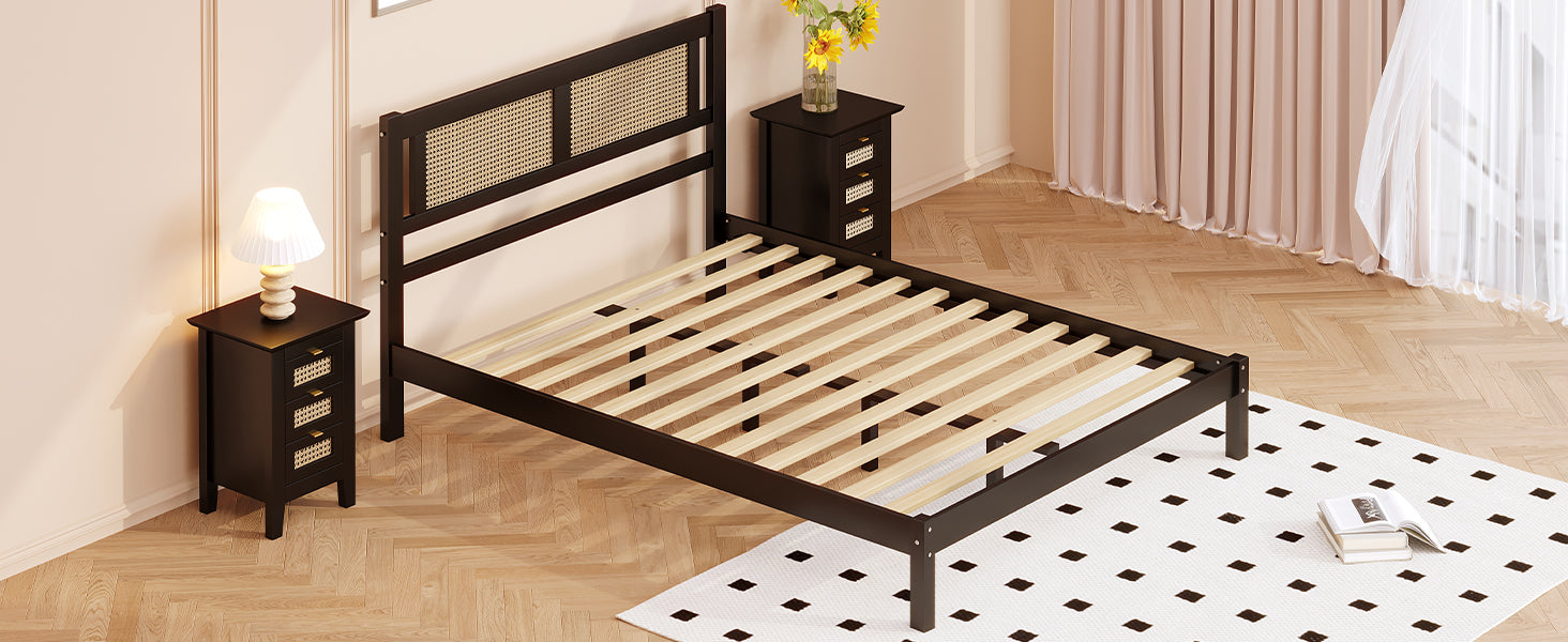 Queen Size Wooden Platform Bed With Natural Rattan Headboard, Exquisite Elegance With Minimalist Charm For Bedroom, Black Black Particle Board