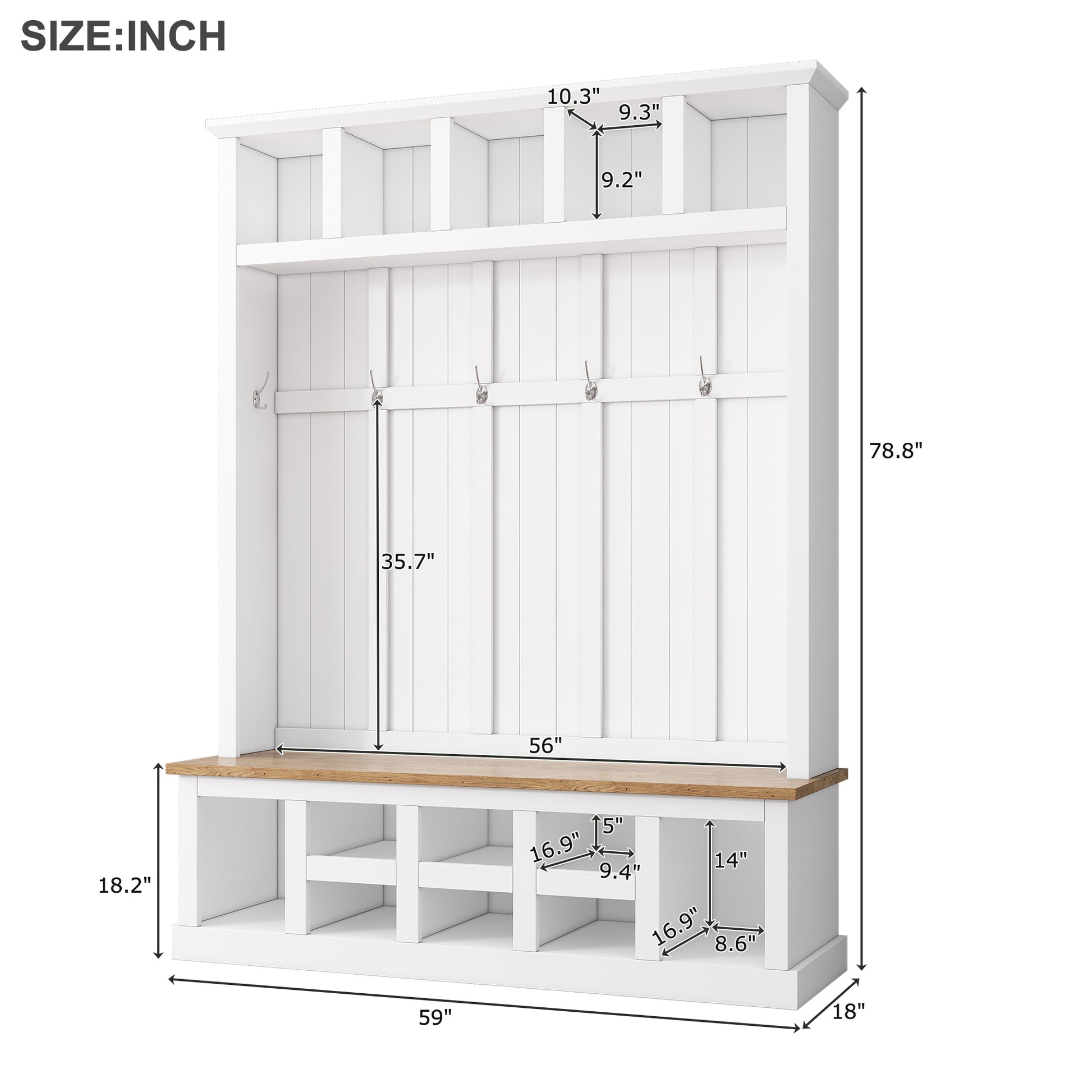 Farmhouse Wooden Style 78''H Modern Hall Tree With Wide Storage Seating Bench, Entryway Shoe Cabinet With 13 Compartments, Elegant Coat Rack With 6 Hooks For Mudroom, Living Room, White White Primary Living Space Particle Board