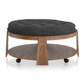 Wire Brushed Finish Natural Tone Dark Gray 1Pc Ottoman Transitional Style Deep Button Linen Like Tufted Seat Open Bottom Shelf Living Room Dark Gray Linen Primary Living Space Beige Contemporary,Rustic,Transitional Rubberwood Round Tufted Solid Wood
