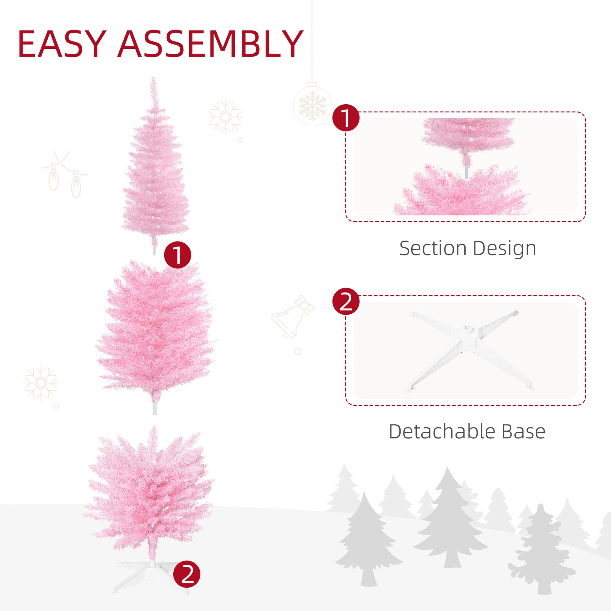 Homcom 6' Artificial Pencil Christmas Tree, Slim Xmas Tree With 390 Realistic Branch Tips And Plastic Stand, Pink Pink Plastic