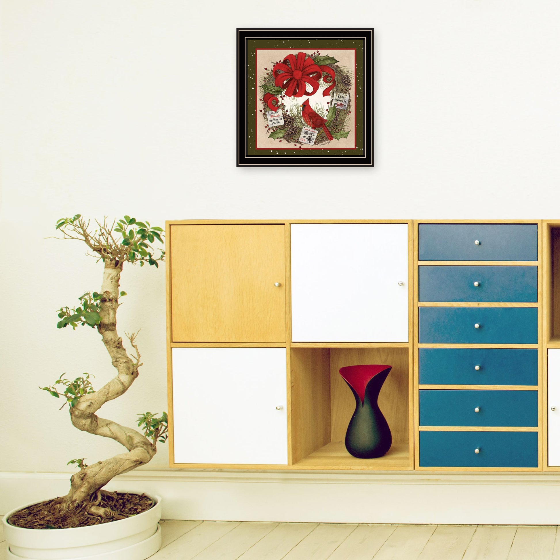 Cardinal Wreath Black Framed Wall Art For Living Room, Bedroom Wall Art Print For Home Decor By Linda Spivey Multicolor Wood Paper