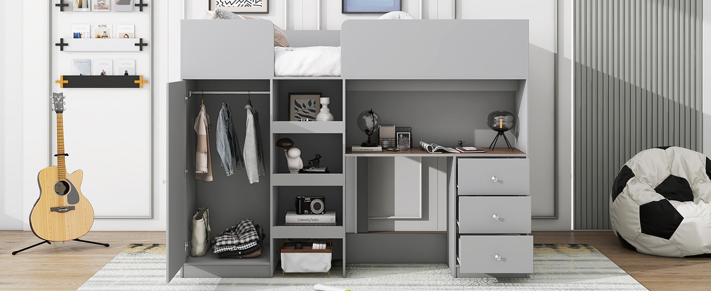 Wood Full Size Loft Bed With Built In Wardrobe, Desk, Storage Shelves And Drawers, Grey Box Spring Not Required Full Grey Wood Bedroom Bed Frame Solid Wood Mdf