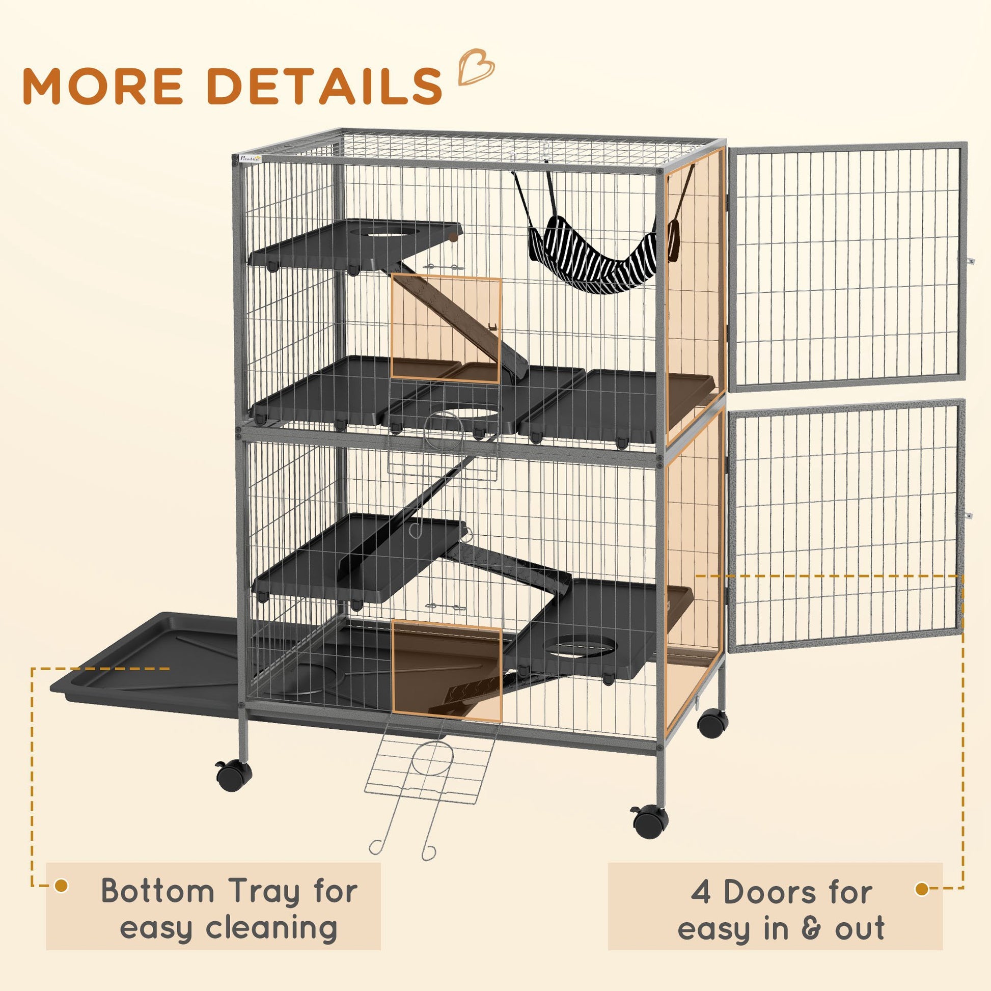 Pawhut 50" 5 Tier Small Animal Cage, Ferret Cage, Large Chinchilla Cage With Hammock Accessory & Heavy Duty Steel Wire, Small Animal Habitat With 4 Doors, Removable Tray, Gray Grey Steel